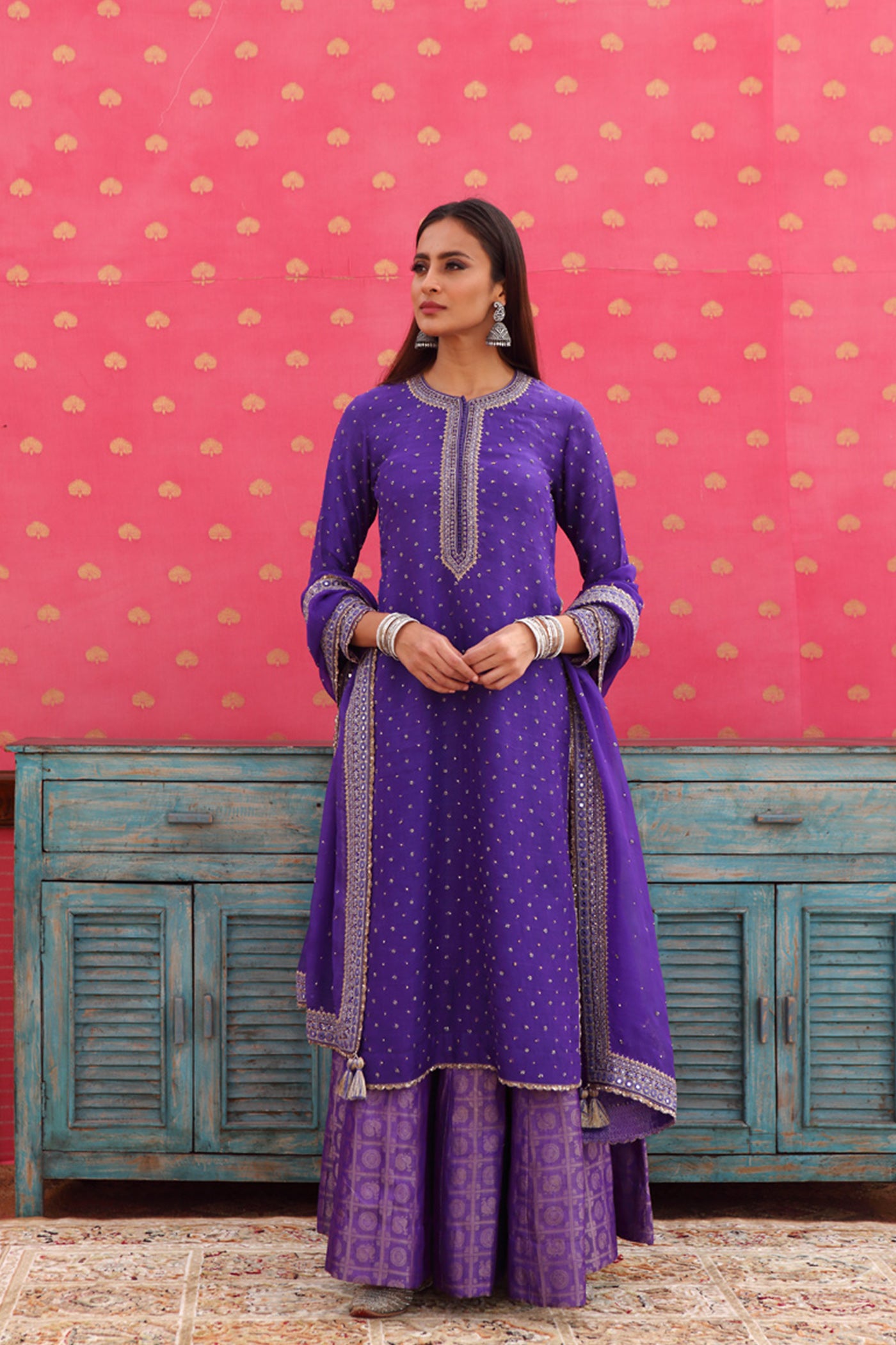 Hand-Embroidered Deep Blue-Purple Kurta-Sharara Set