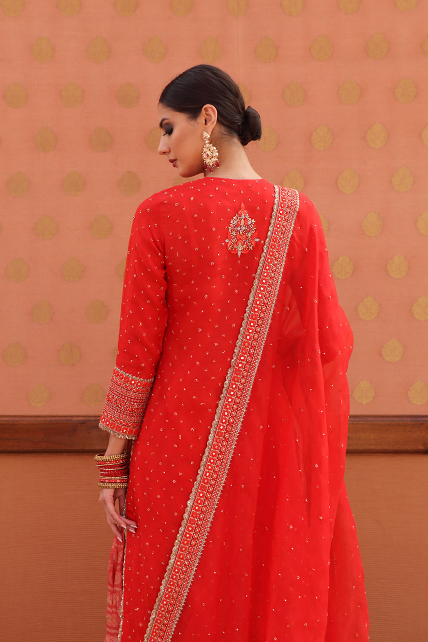 Hand-Embroidered Tomato-Red Kurta-Sharara Set