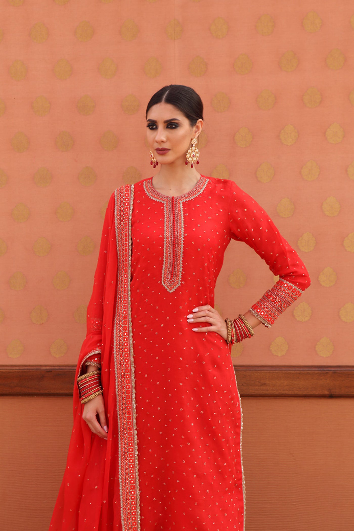 Hand-Embroidered Tomato-Red Kurta-Sharara Set