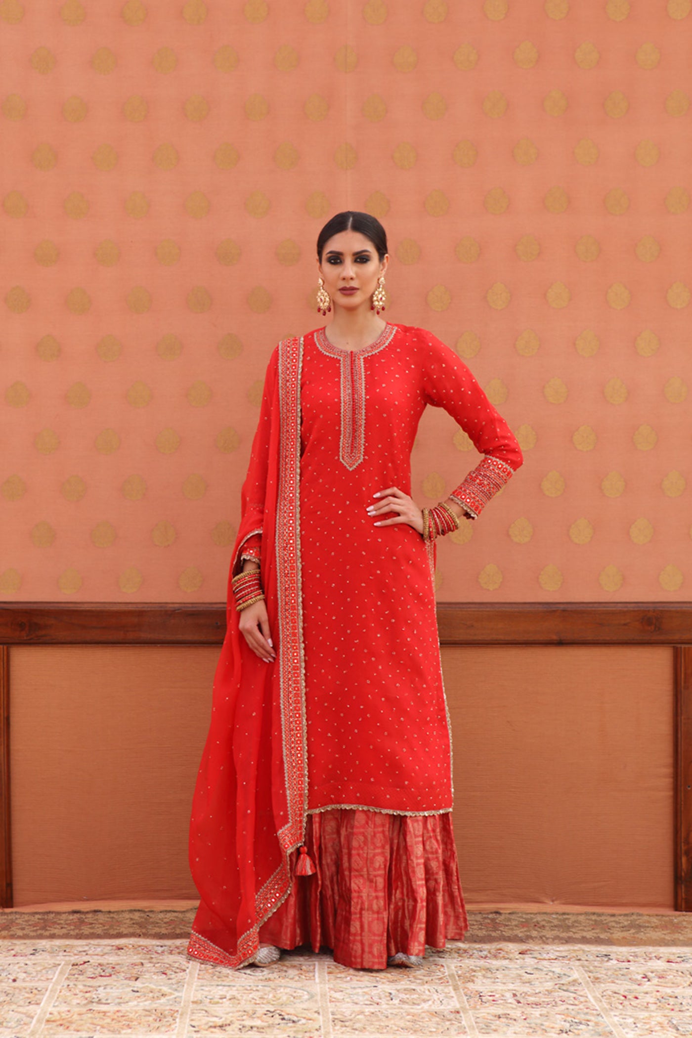 Hand-Embroidered Tomato-Red Kurta-Sharara Set