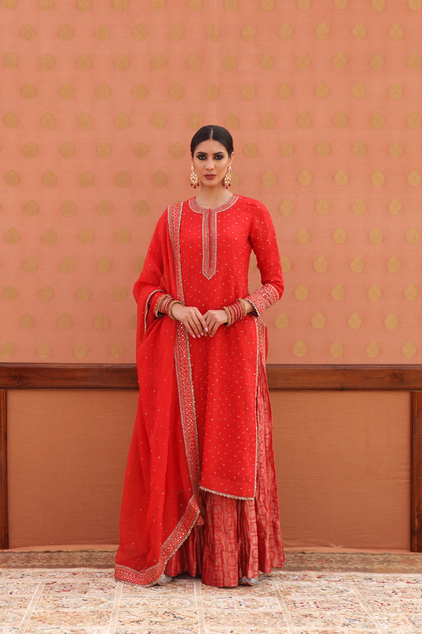 Hand-Embroidered Tomato-Red Kurta-Sharara Set