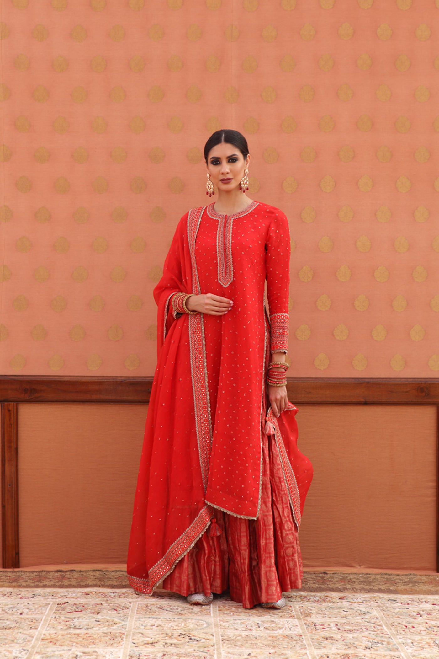 Hand-Embroidered Tomato-Red Kurta-Sharara Set