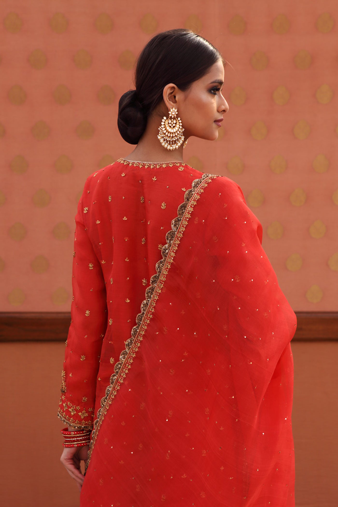 Hand-Embroidered Pumpkin-Red Kurta-Sharara Set