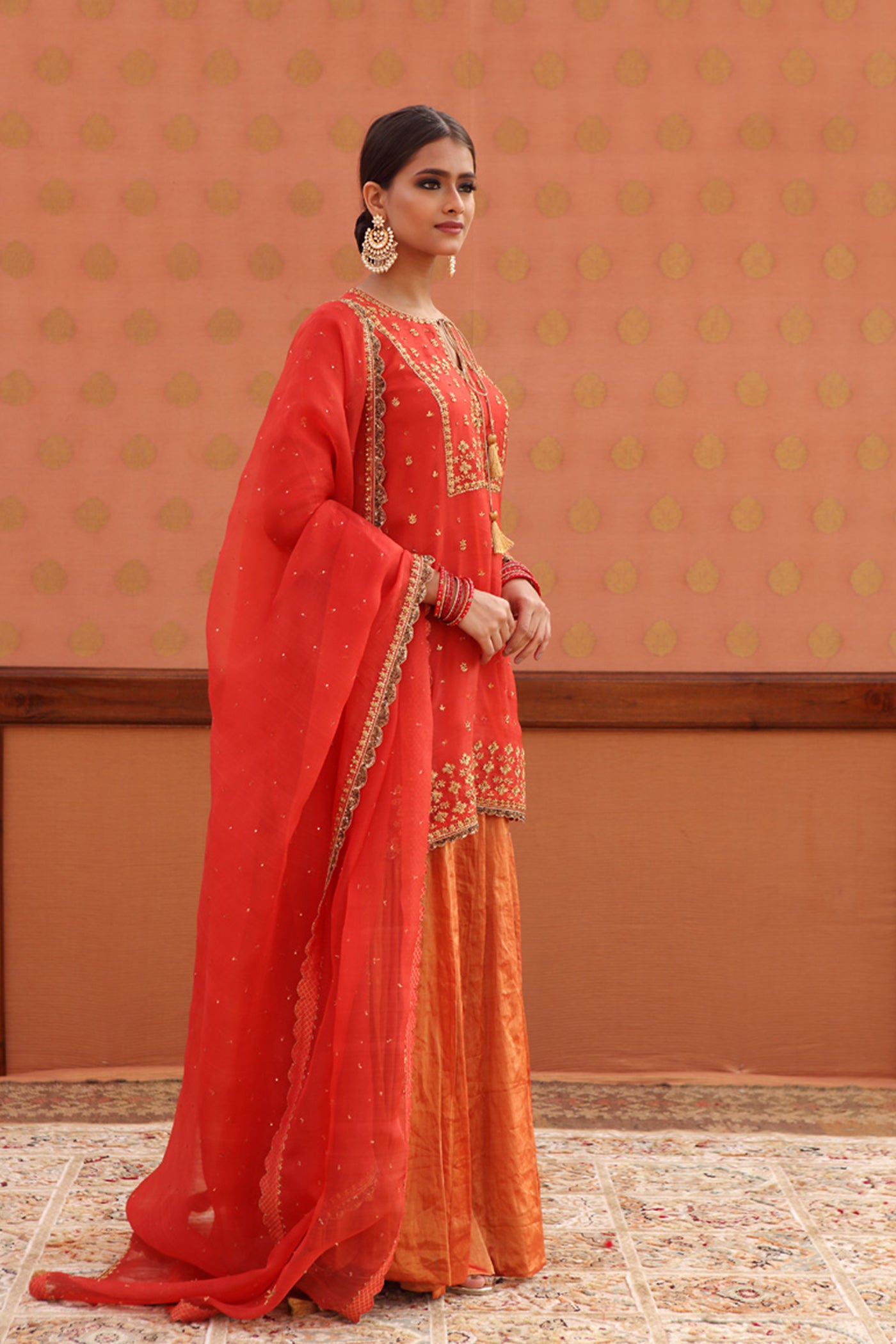 Hand-Embroidered Pumpkin-Red Kurta-Sharara Set