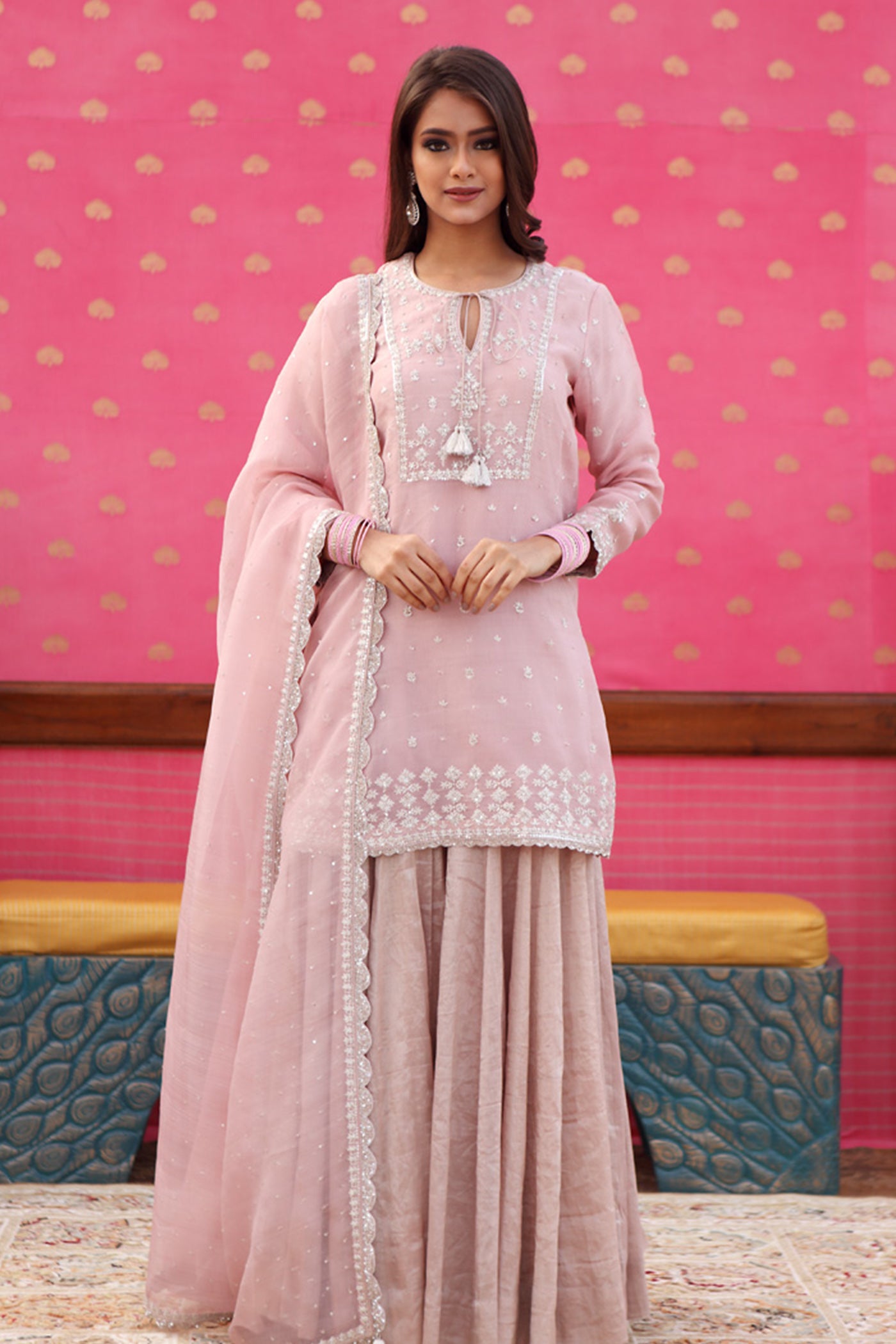 Hand-Embroidered Dusty Pastel Pink Kurta-Sharara Set