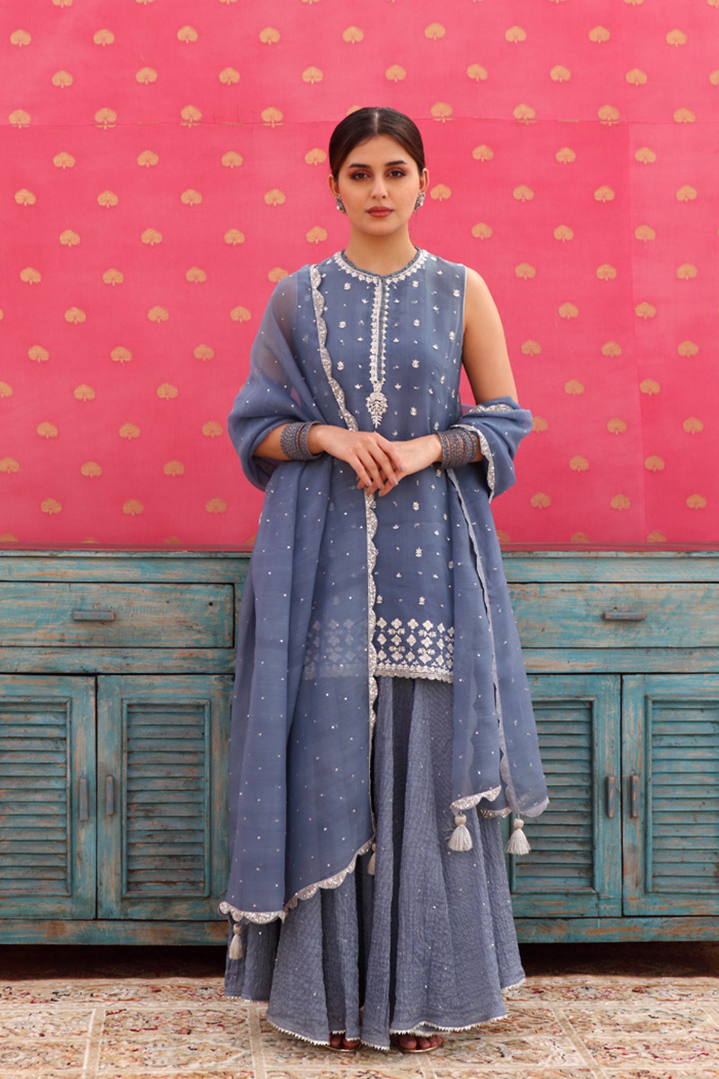 Hand-Embroidered Horizon-Blue Kurta-Sharara Set