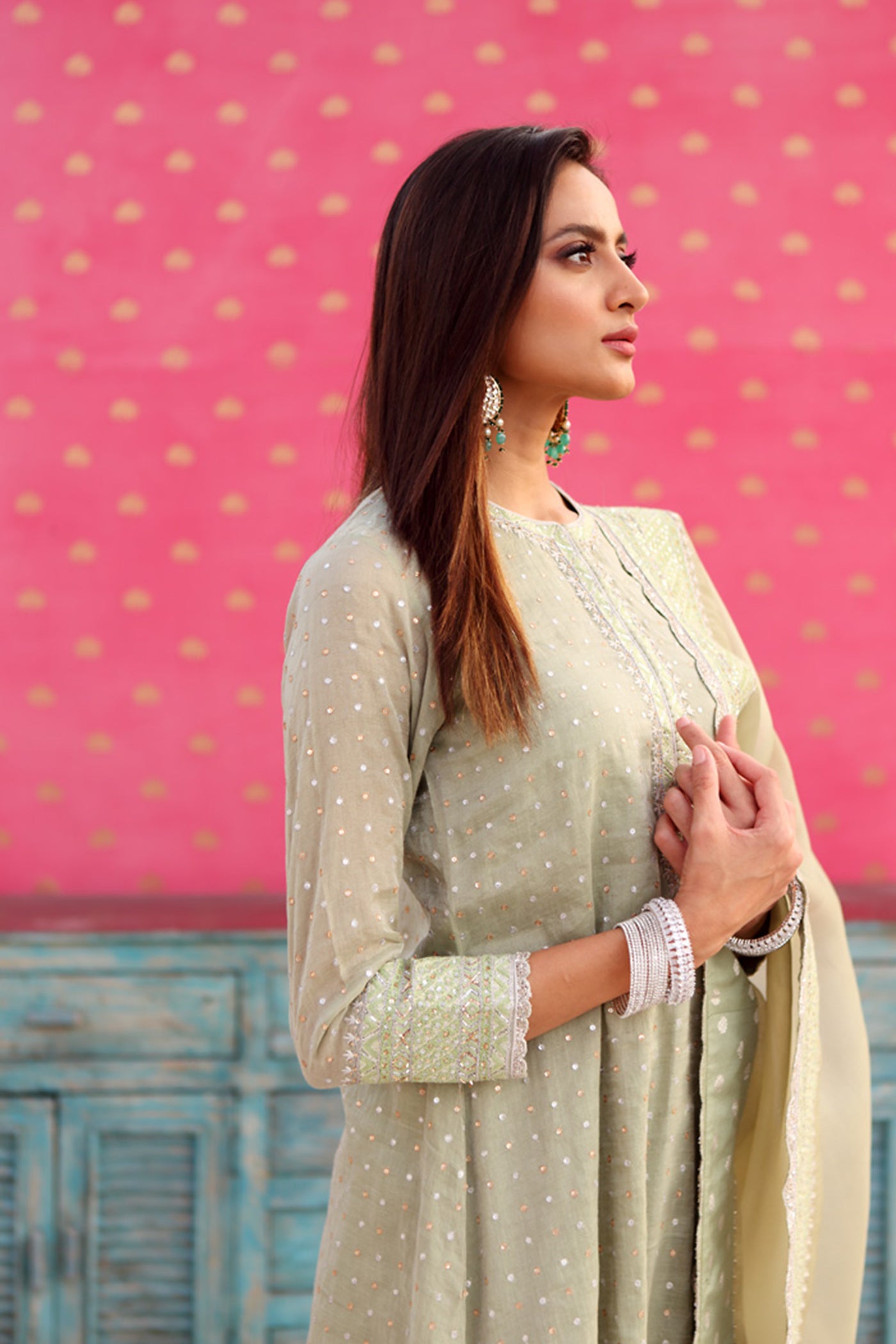 Hand-Embroidered Fern-Green Kurta-Churidaar Set