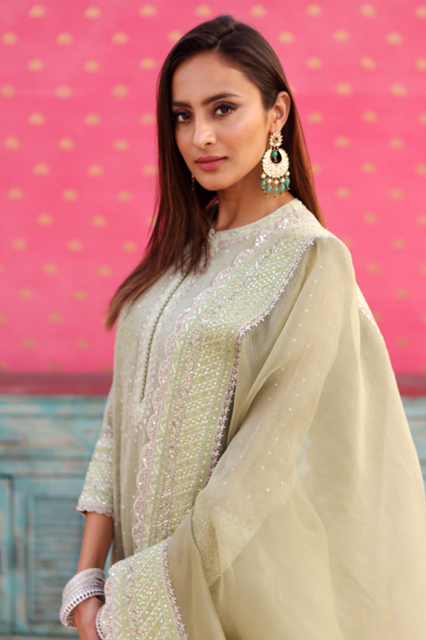 Hand-Embroidered Fern-Green Kurta-Churidaar Set