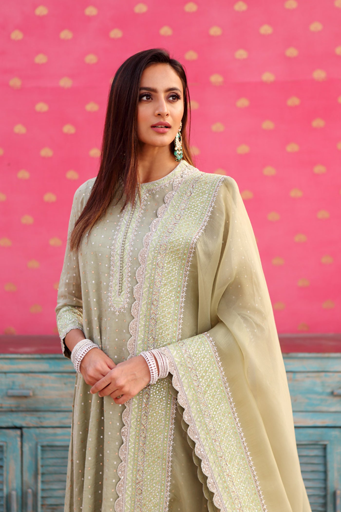 Hand-Embroidered Fern-Green Kurta-Churidaar Set