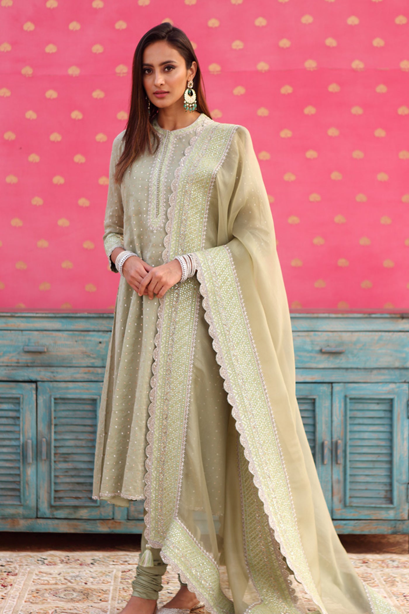 Hand-Embroidered Fern-Green Kurta-Churidaar Set