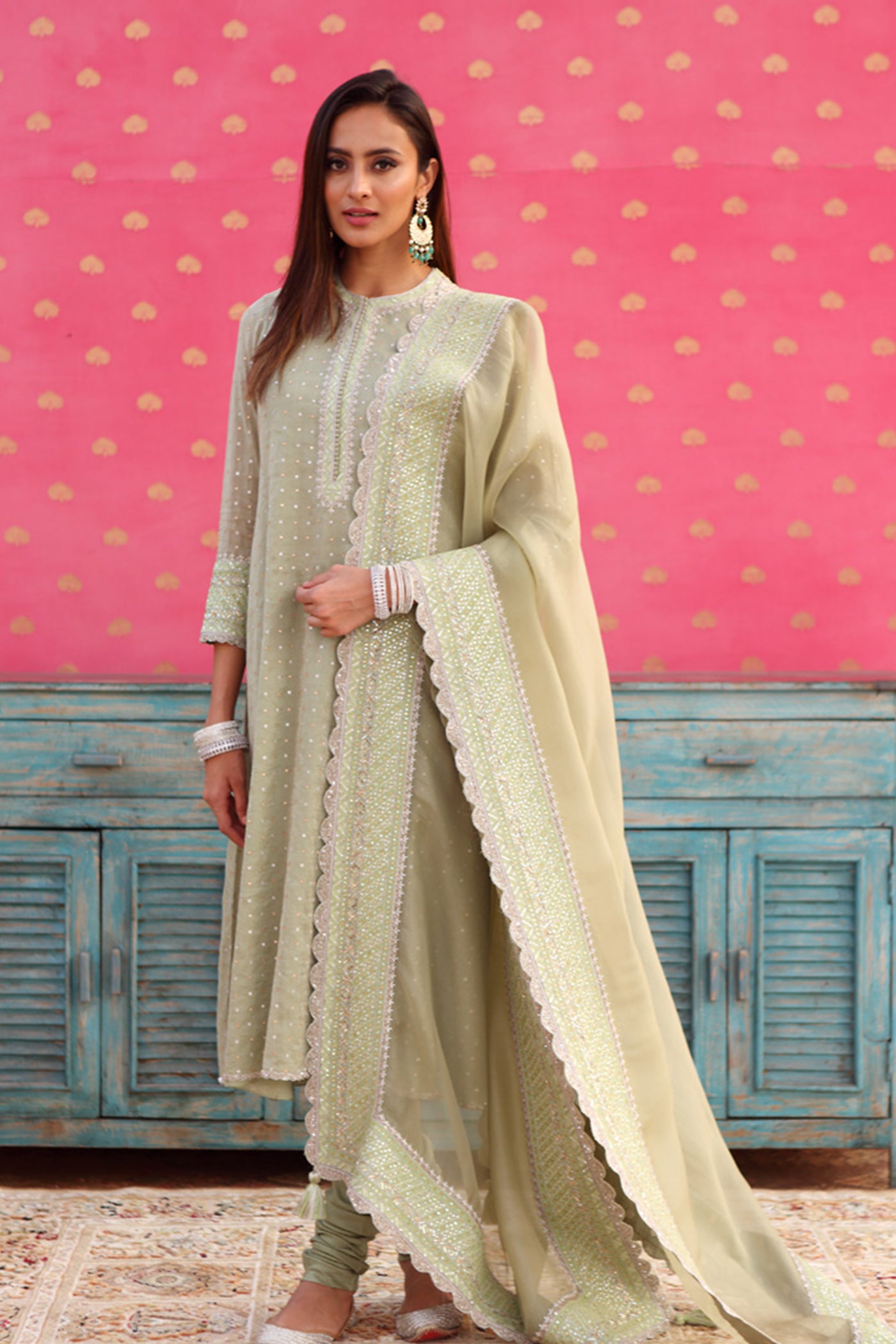 Hand-Embroidered Fern-Green Kurta-Churidaar Set