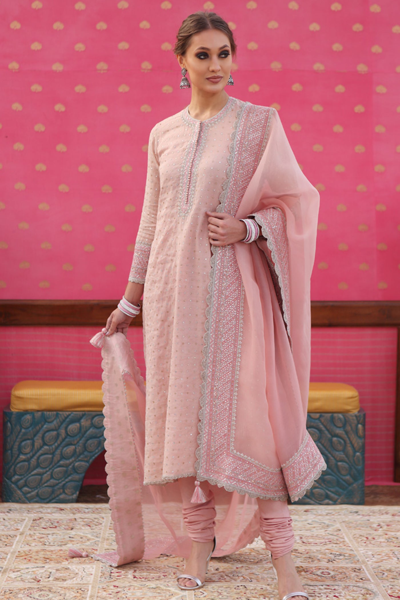 Hand-Embroidered Dusty Pastel-Pink Kurta-Churidaar Set