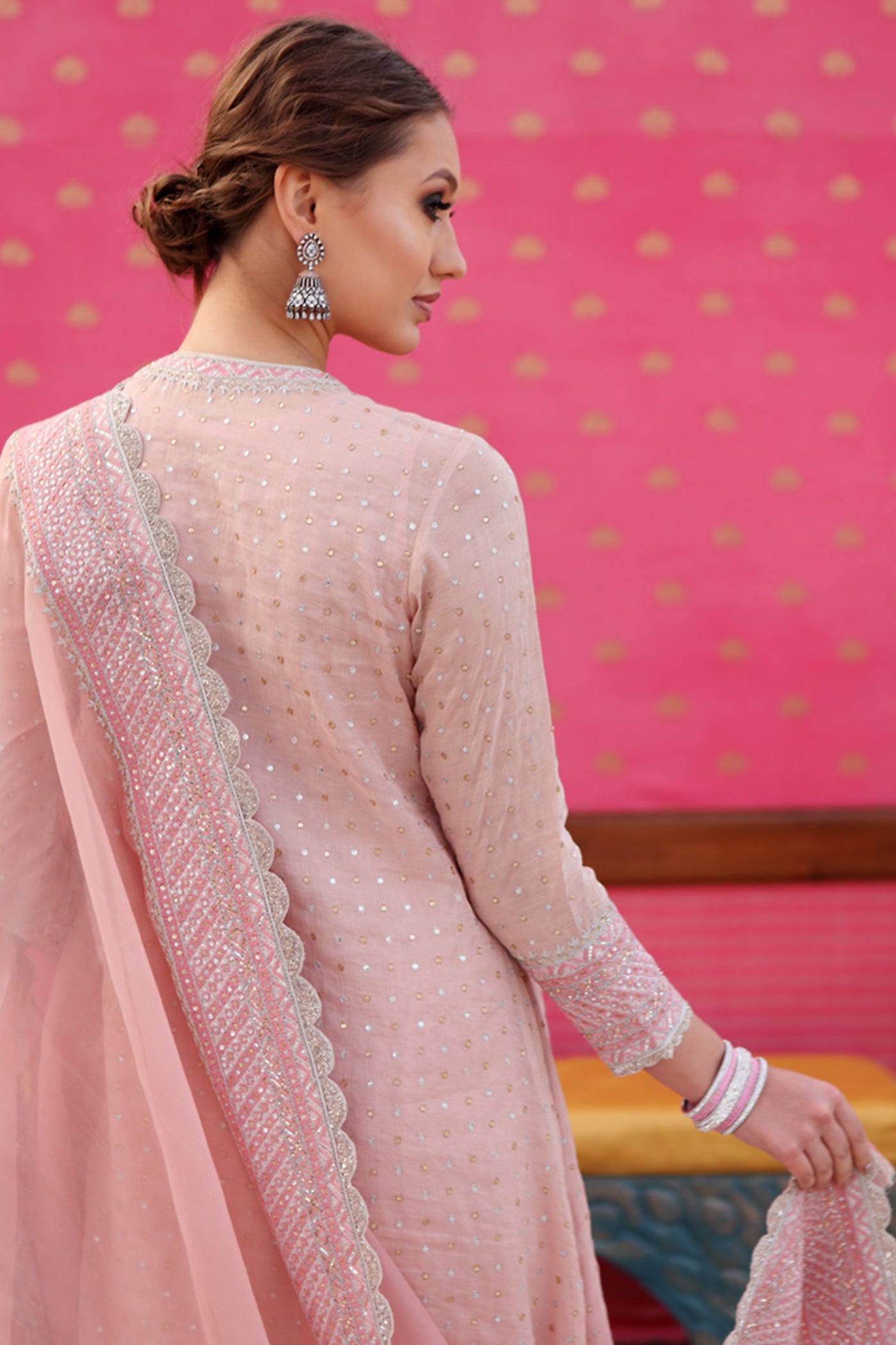 Hand-Embroidered Dusty Pastel-Pink Kurta-Churidaar Set