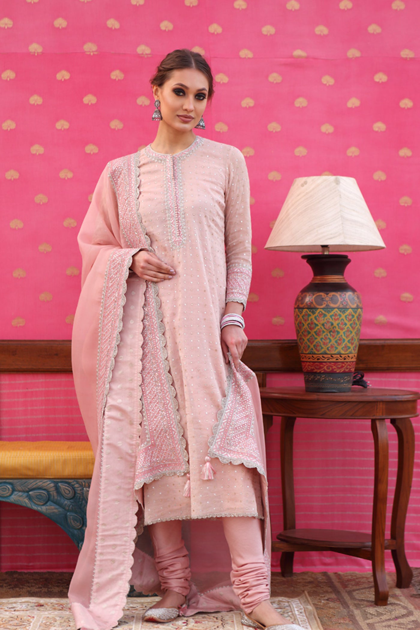 Hand-Embroidered Dusty Pastel-Pink Kurta-Churidaar Set