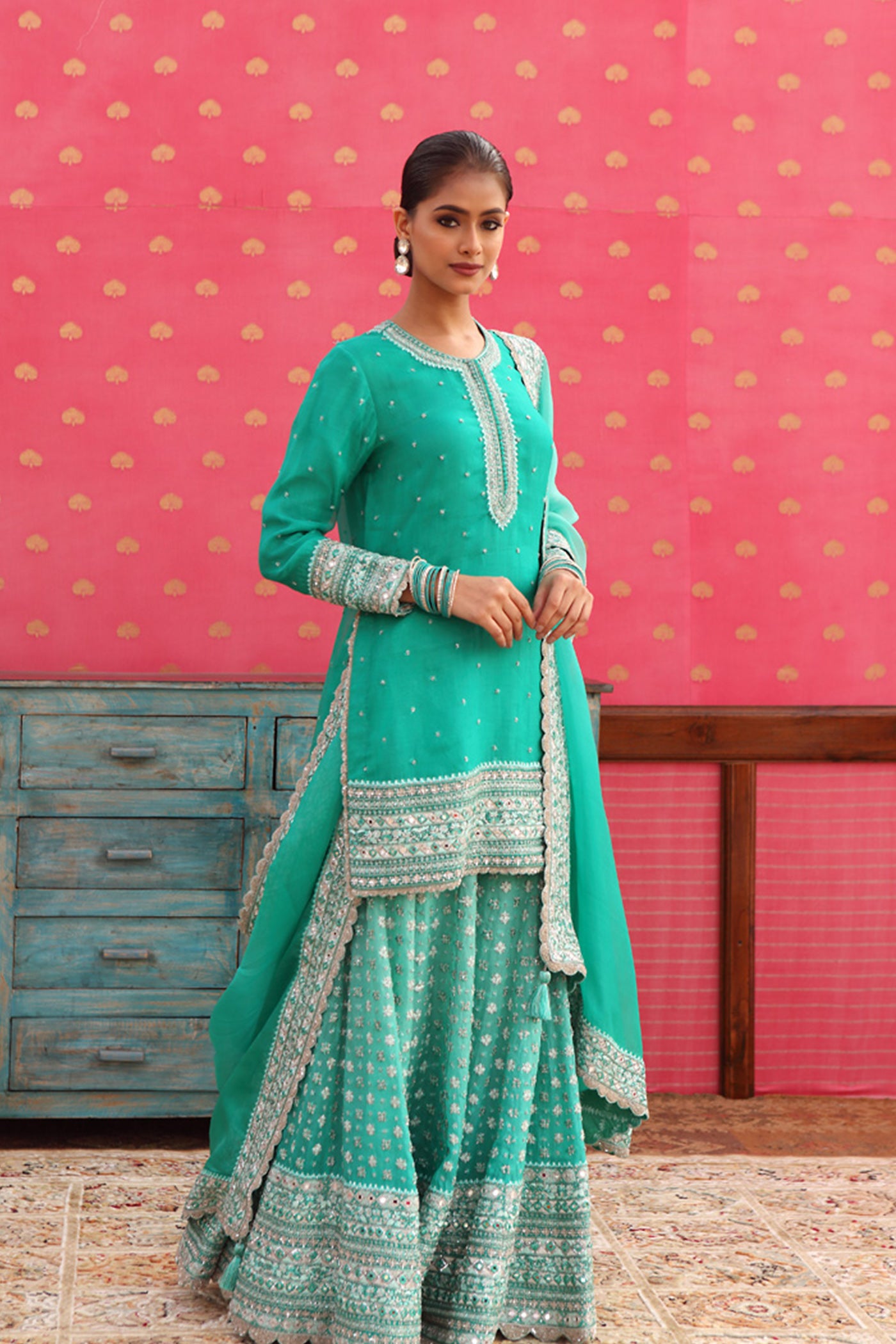 Hand-Embroidered Ombre Sea-Green Kurta-Sharara Set