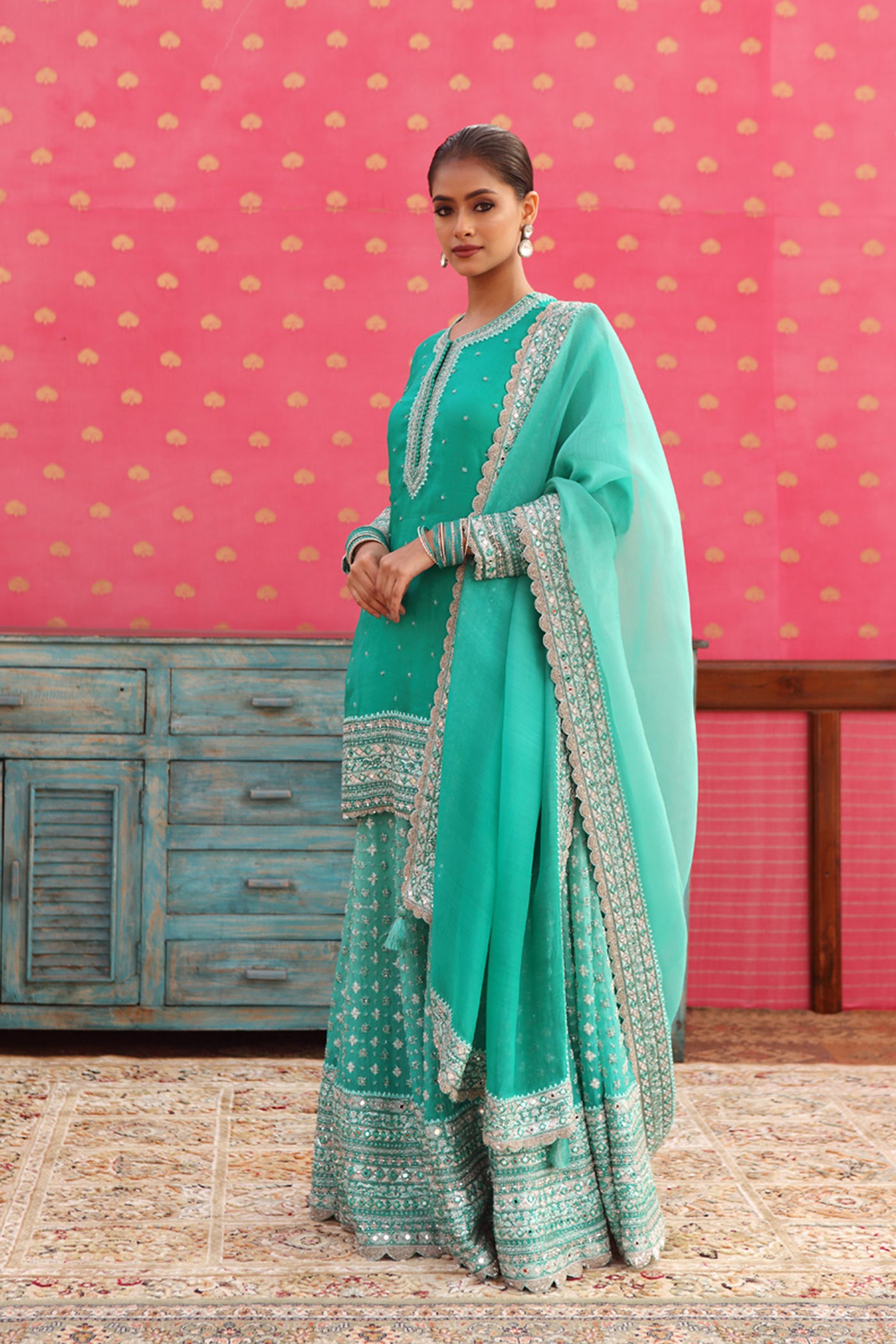 Hand-Embroidered Ombre Sea-Green Kurta-Sharara Set