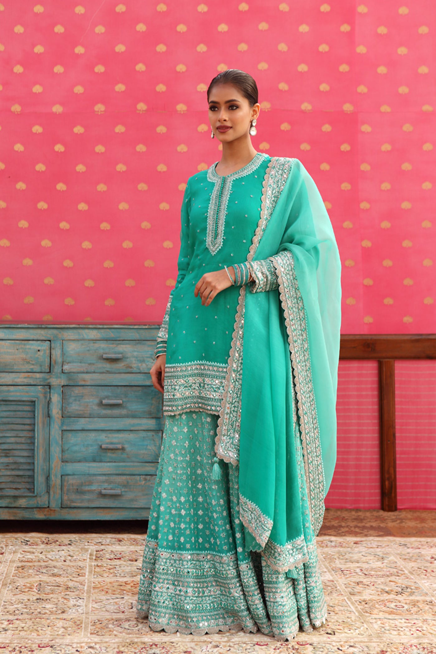 Hand-Embroidered Ombre Sea-Green Kurta-Sharara Set