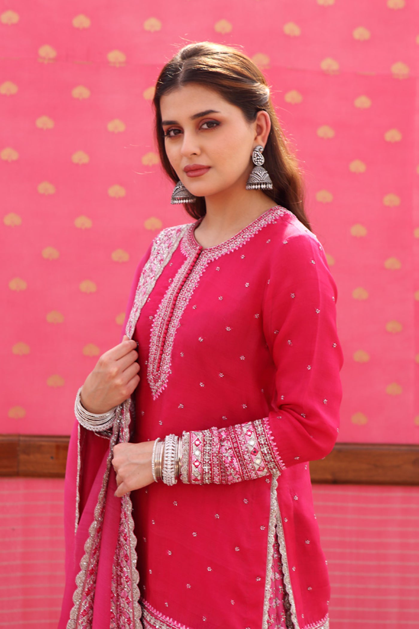 Hand-Embroidered Ombre Jazzy-Pink Kurta-Sharara Set