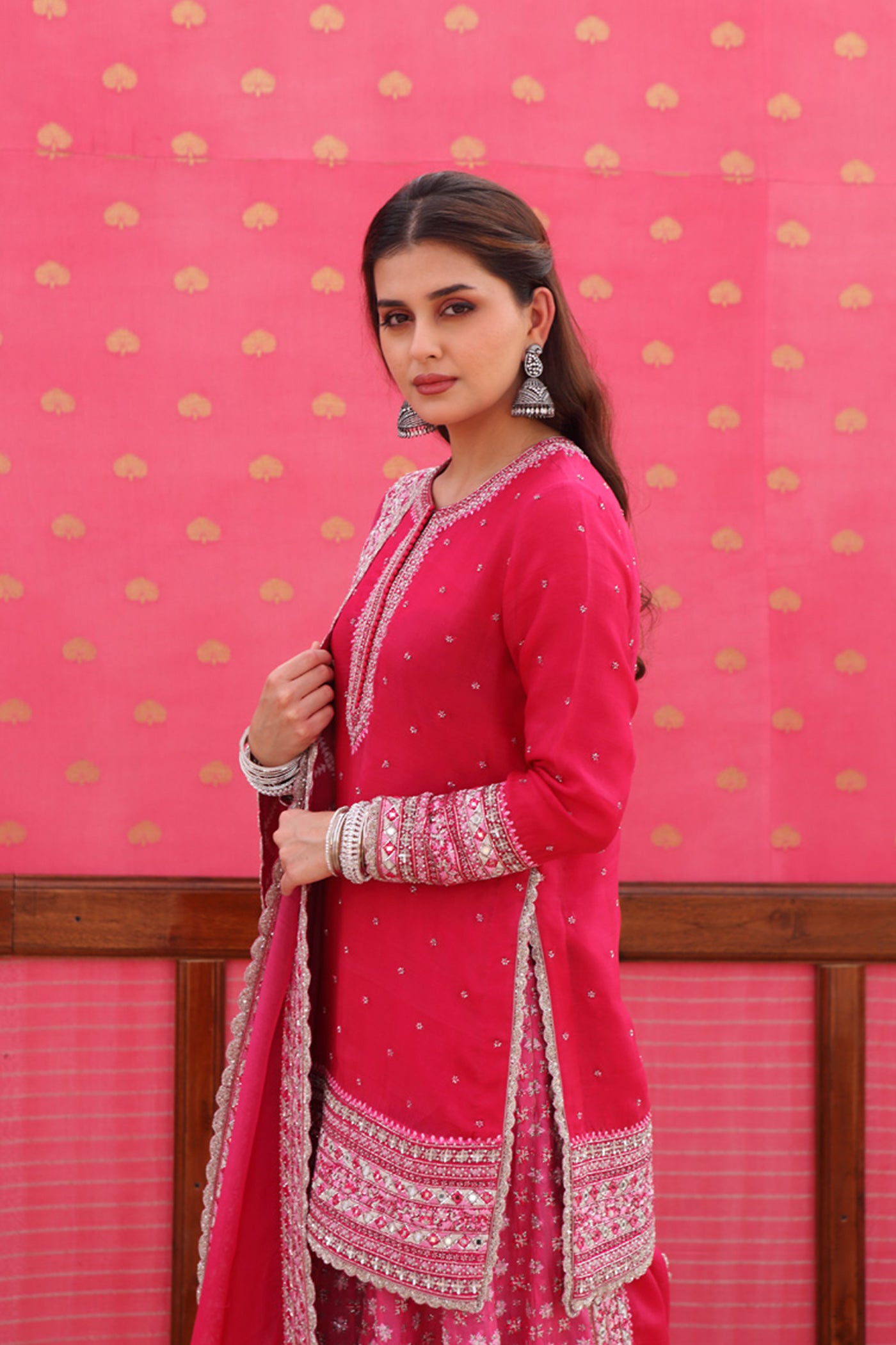 Hand-Embroidered Ombre Jazzy-Pink Kurta-Sharara Set