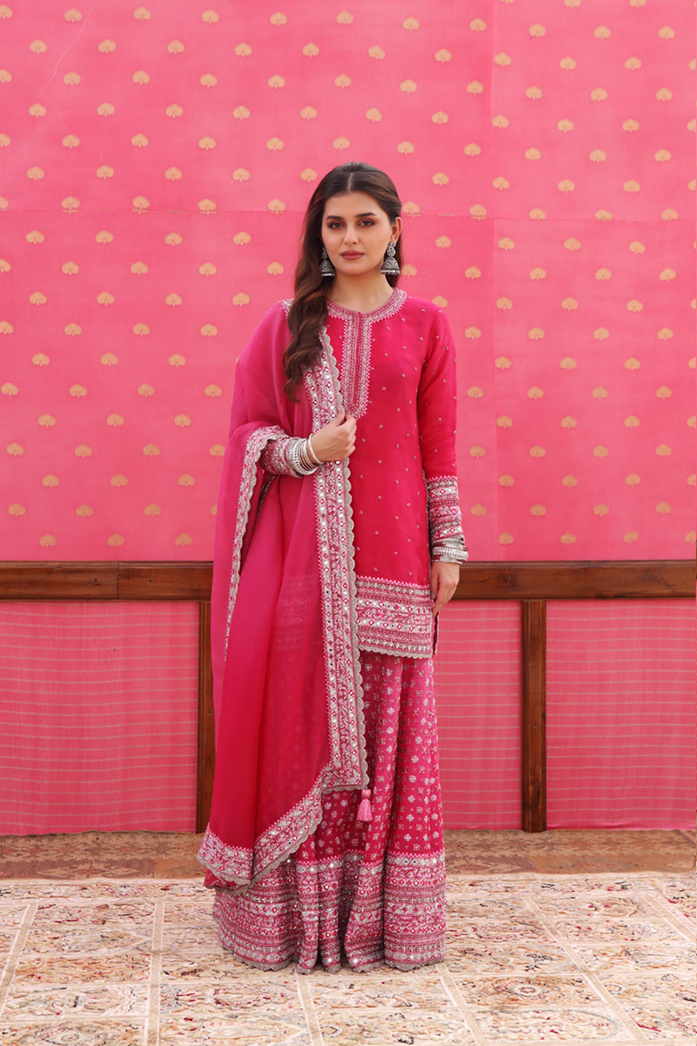 Hand-Embroidered Ombre Jazzy-Pink Kurta-Sharara Set