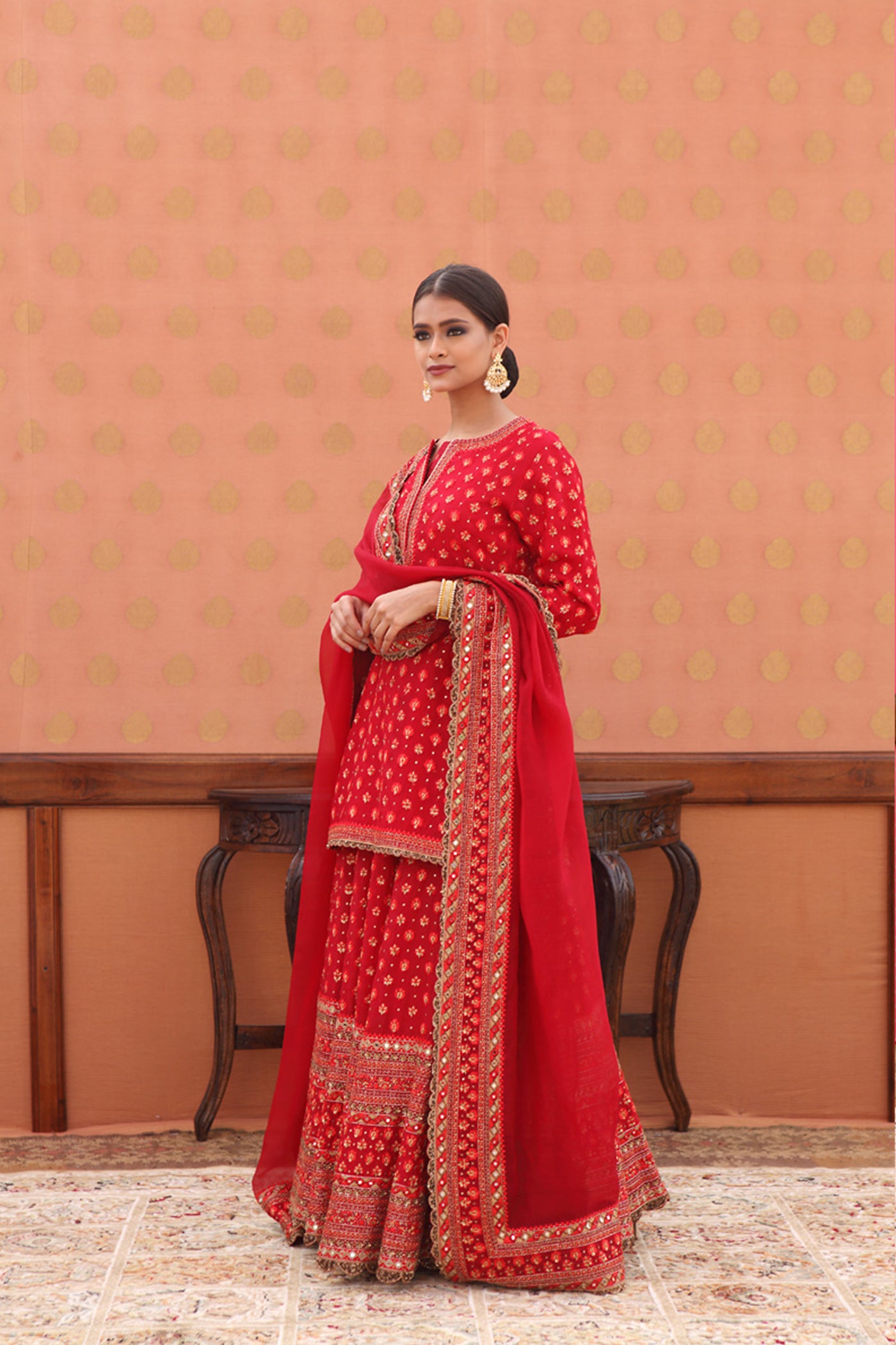 Hand-Embroidered Chili-Pepper Red Kurta-Sharara Set