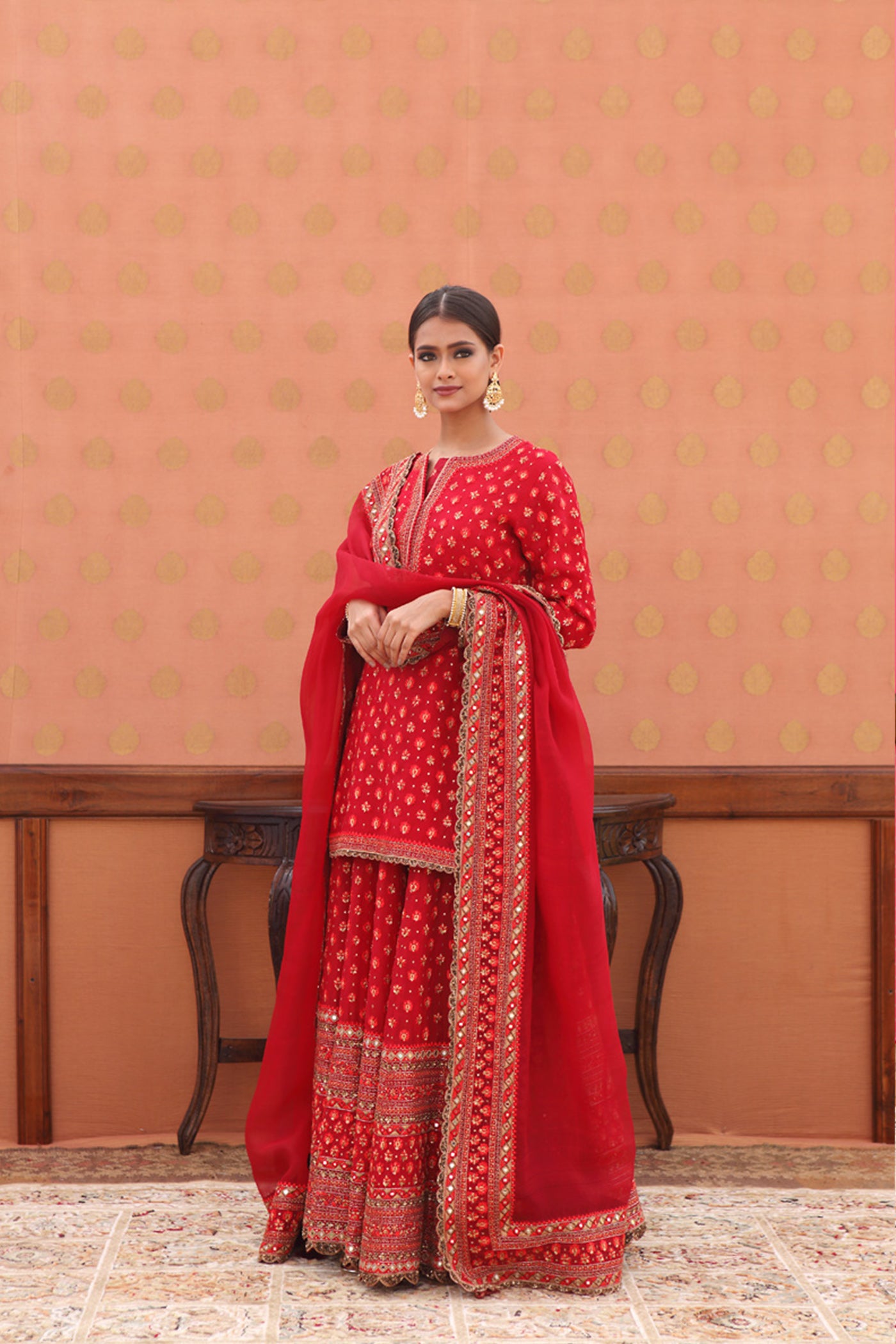 Hand-Embroidered Chili-Pepper Red Kurta-Sharara Set