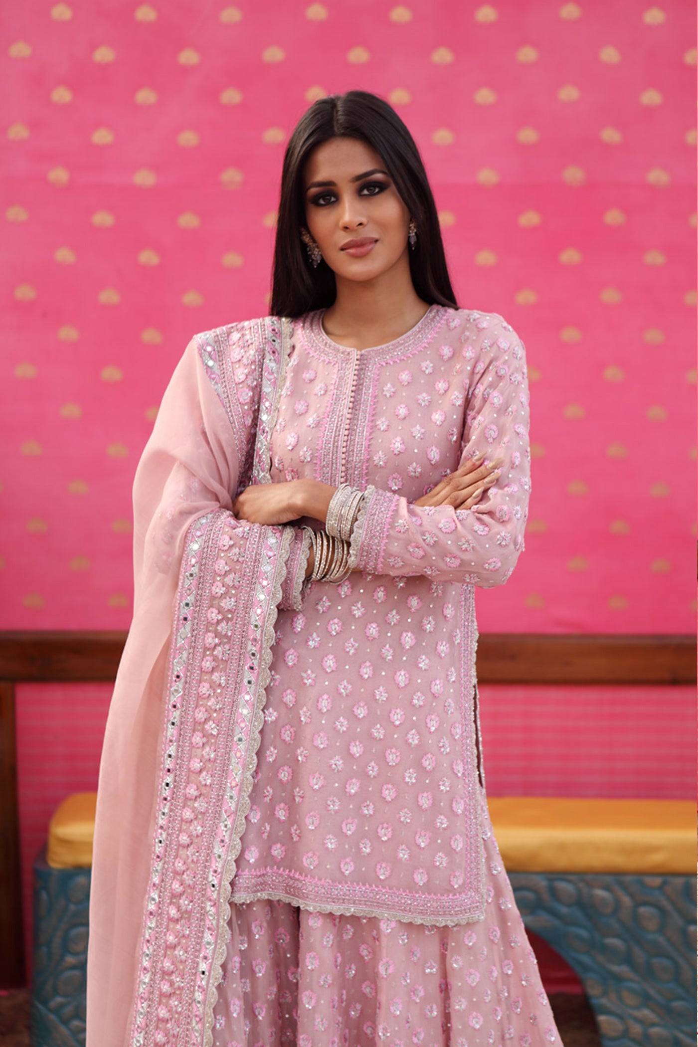 Hand-Embroidered Crystal-Pink Kurta-Sharara Set