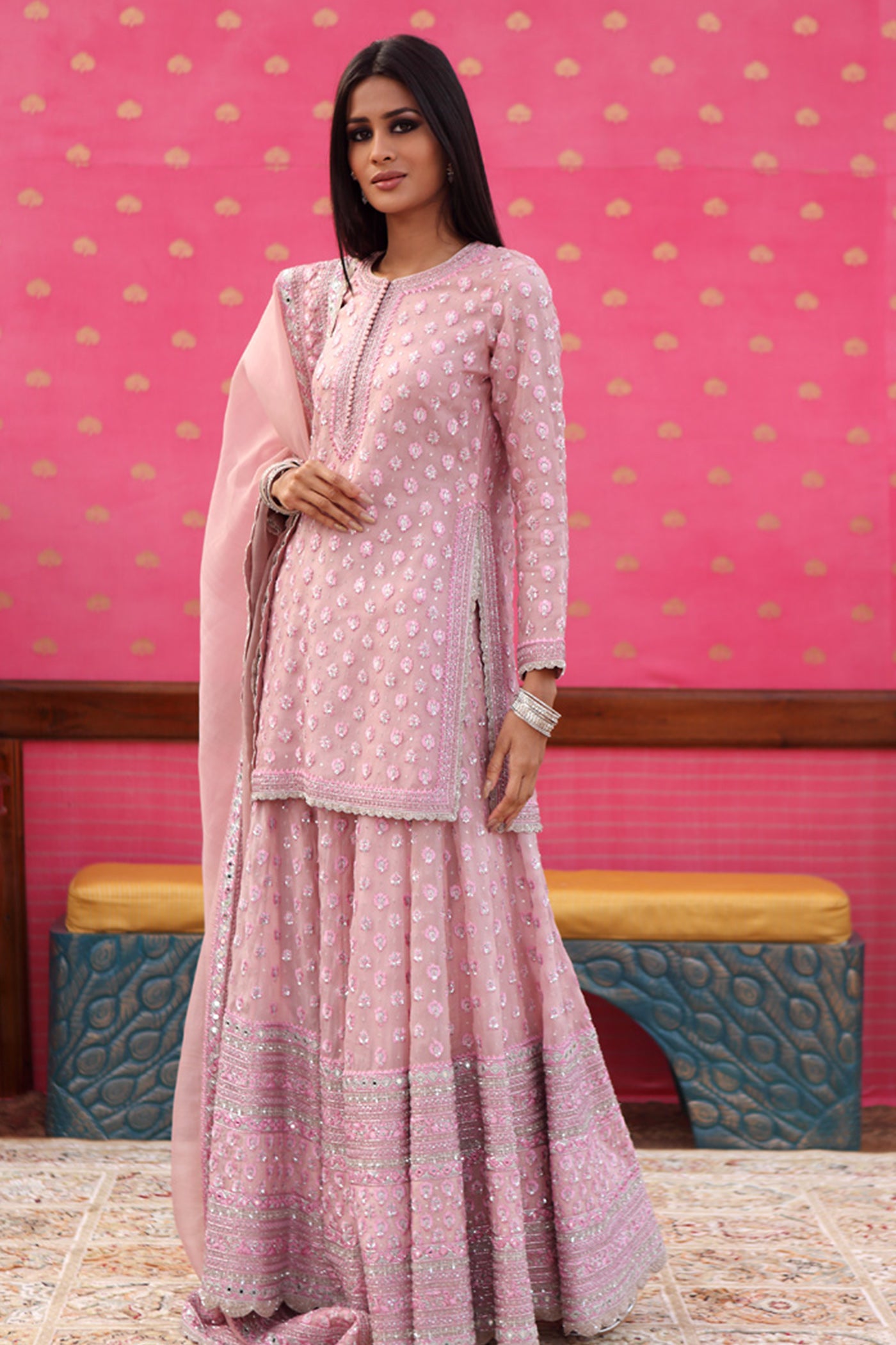 Hand-Embroidered Crystal-Pink Kurta-Sharara Set