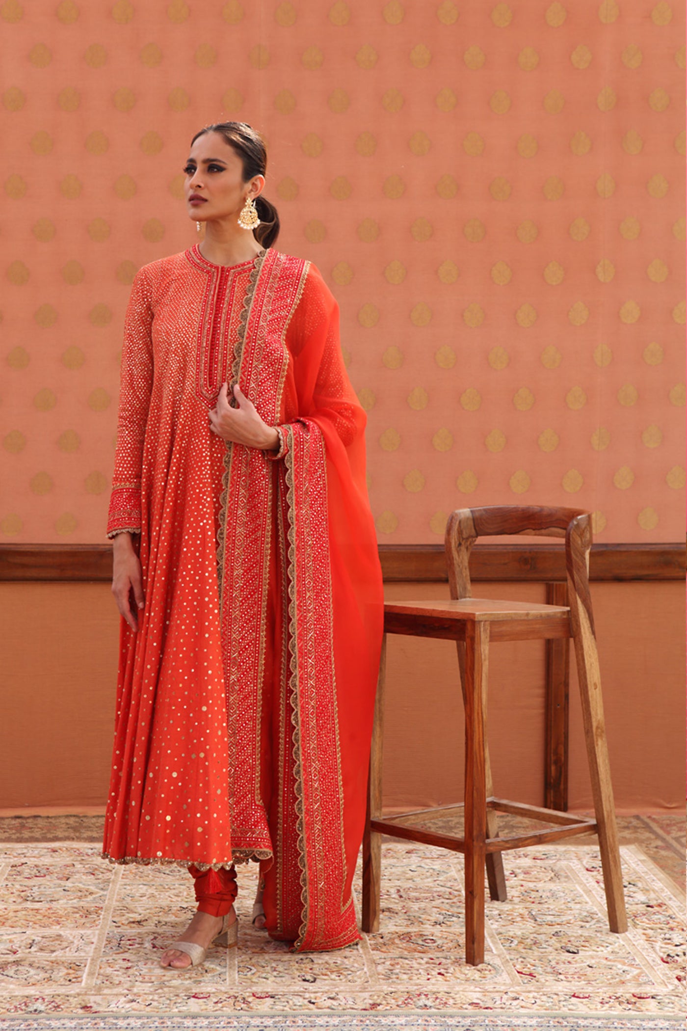 Hand-Embroidered Sinduri-Red Pure Muga-Silk Anarkali-Churidaar Set