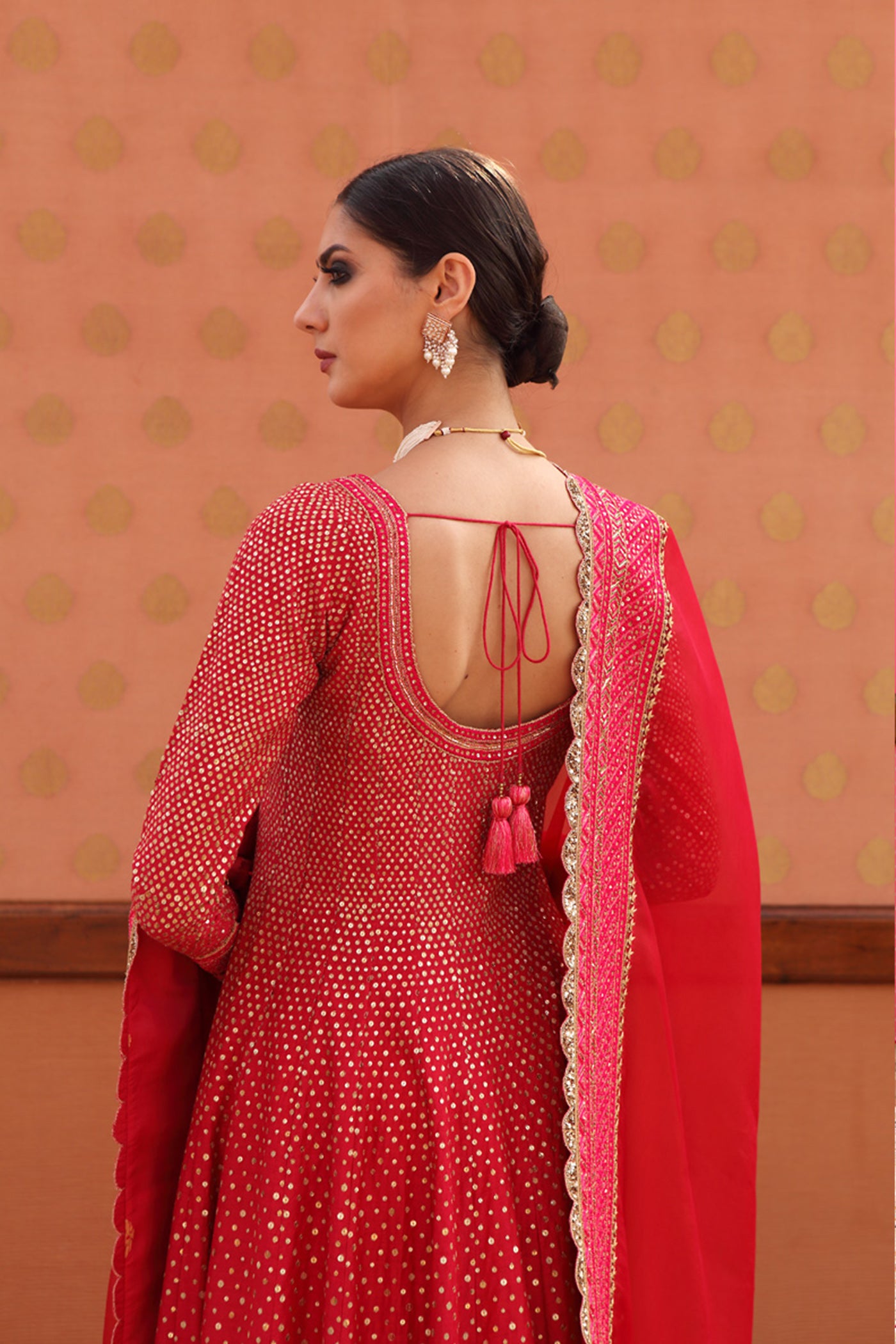 Hand-Embroidered Cherry-Pink Pure Muga-Silk Anarkali-Churidaar Set