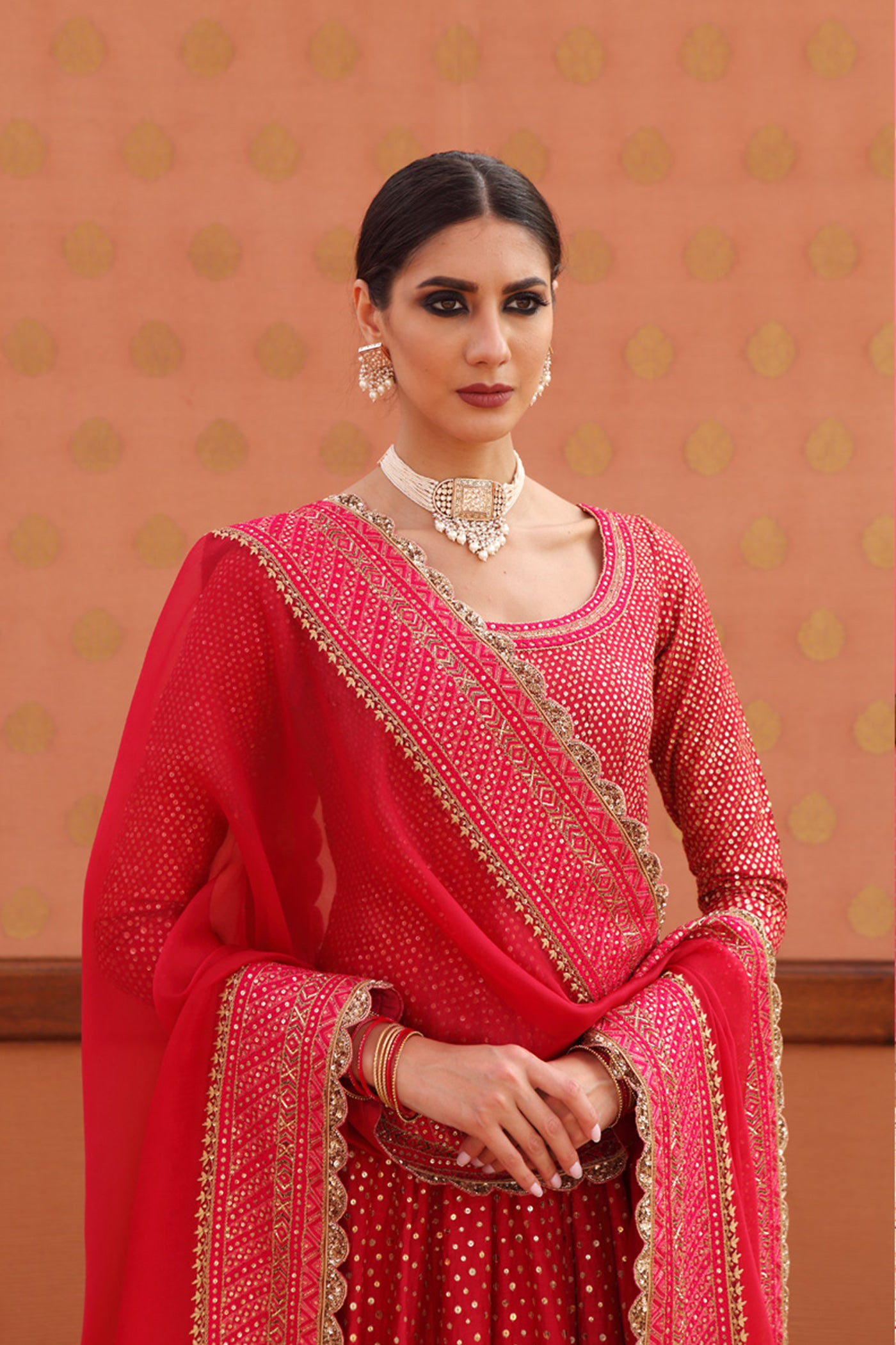 Hand-Embroidered Cherry-Pink Pure Muga-Silk Anarkali-Churidaar Set