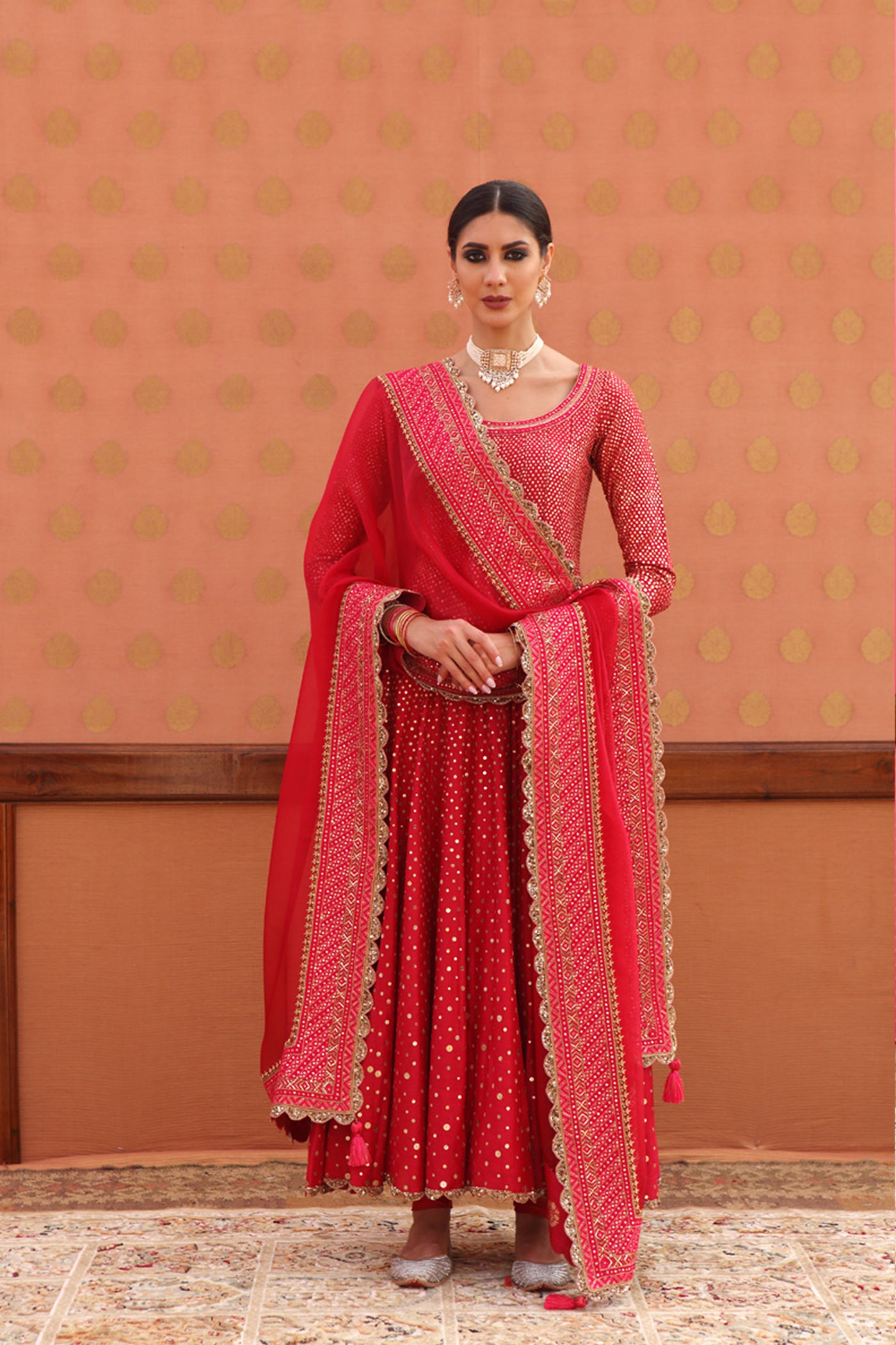 Hand-Embroidered Cherry-Pink Pure Muga-Silk Anarkali-Churidaar Set