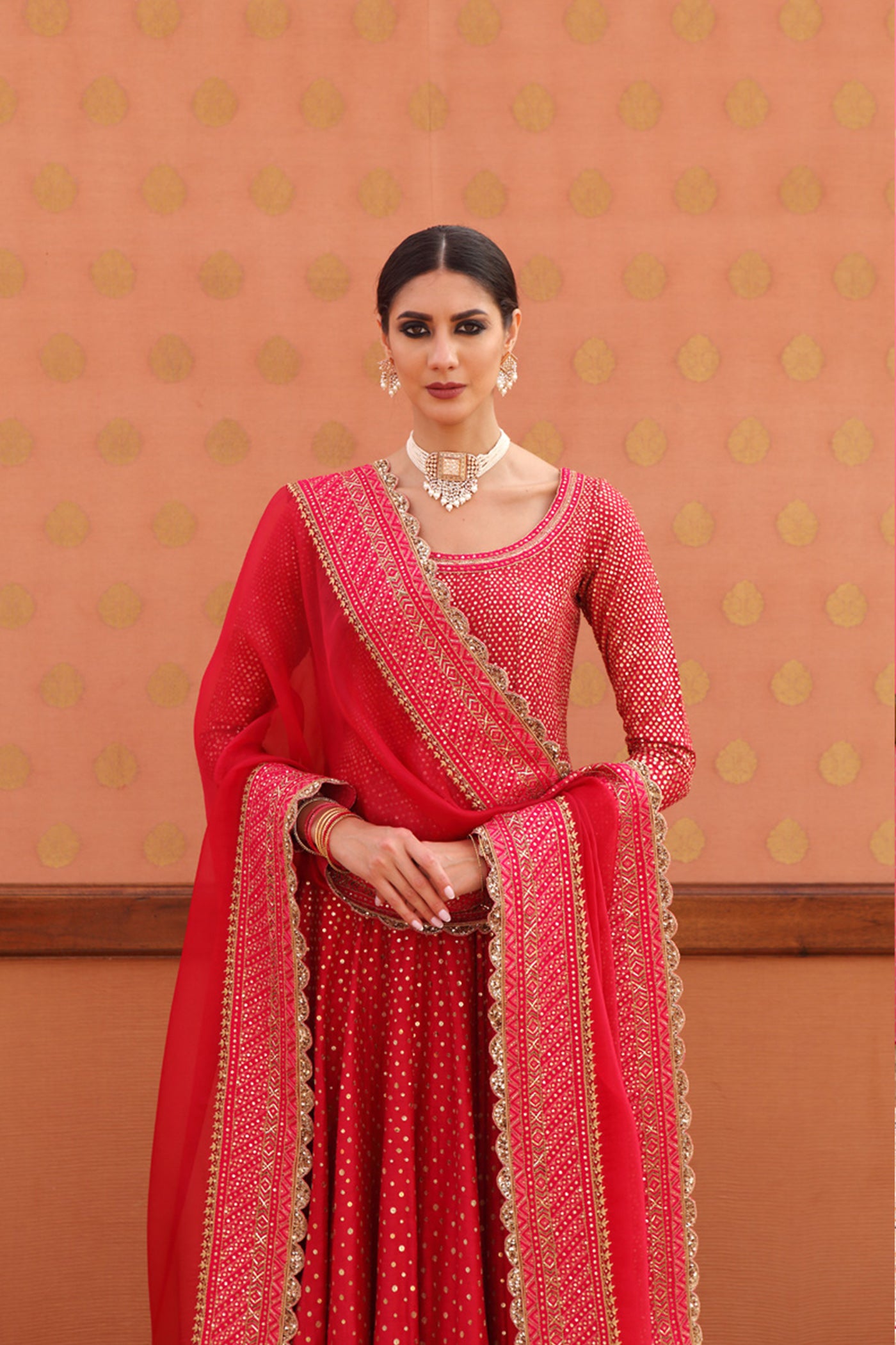 Hand-Embroidered Cherry-Pink Pure Muga-Silk Anarkali-Churidaar Set