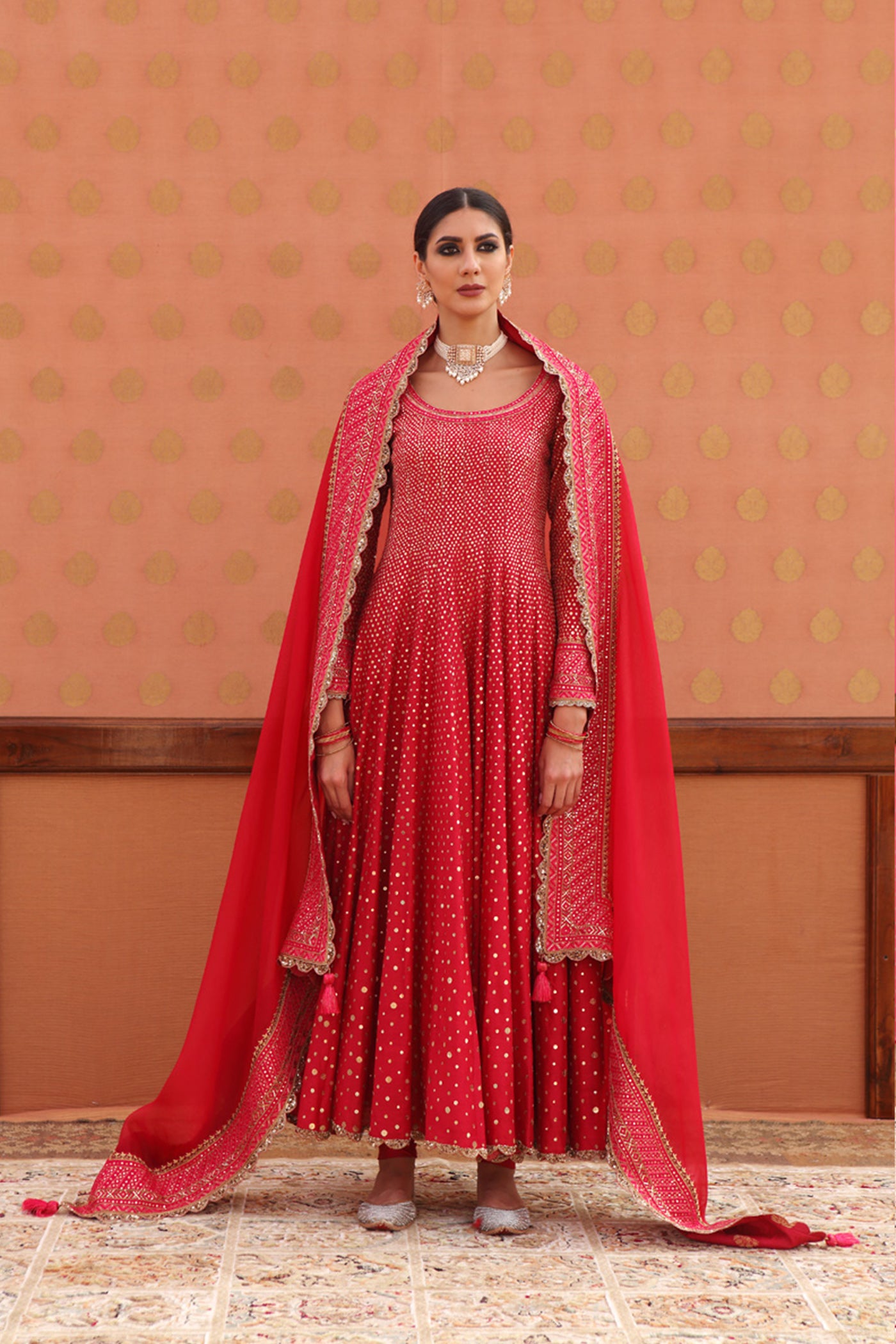 Hand-Embroidered Cherry-Pink Pure Muga-Silk Anarkali-Churidaar Set