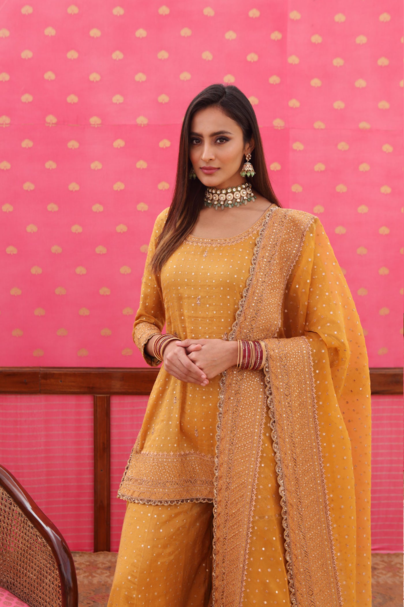 Hand-Embroidered Gold Mustard-Yellow Kurta-Sharara Set