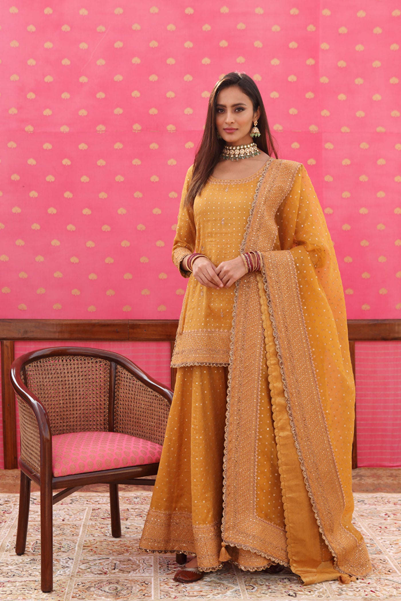 Hand-Embroidered Gold Mustard-Yellow Kurta-Sharara Set