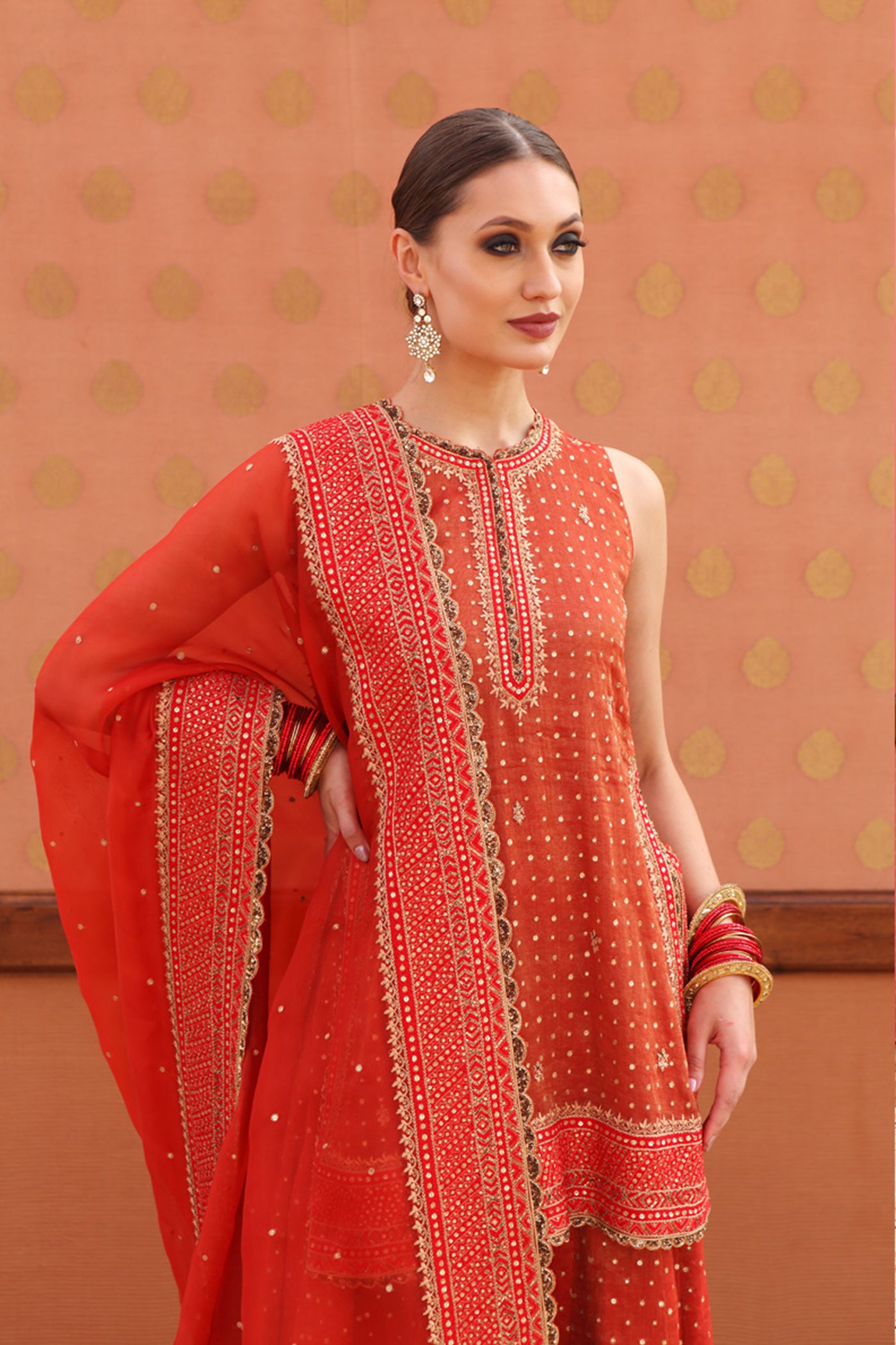Hand-Embroidered Burnt-Orange Kurta-Sharara Set
