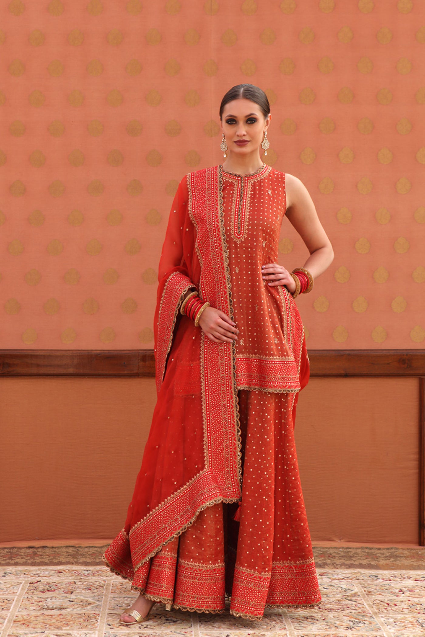 Hand-Embroidered Burnt-Orange Kurta-Sharara Set