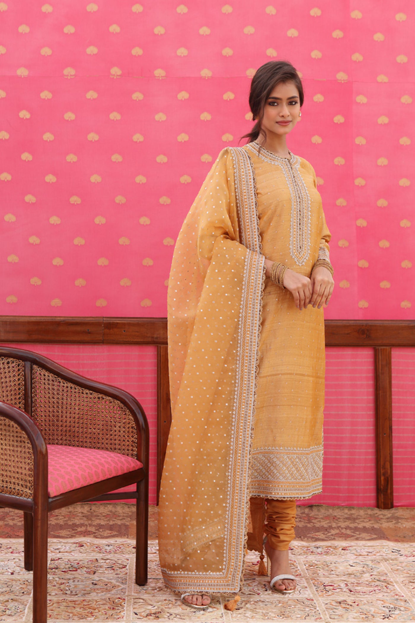 Hand-Embroidered Pale Gold-Yellow Kurta-Churidaar Set