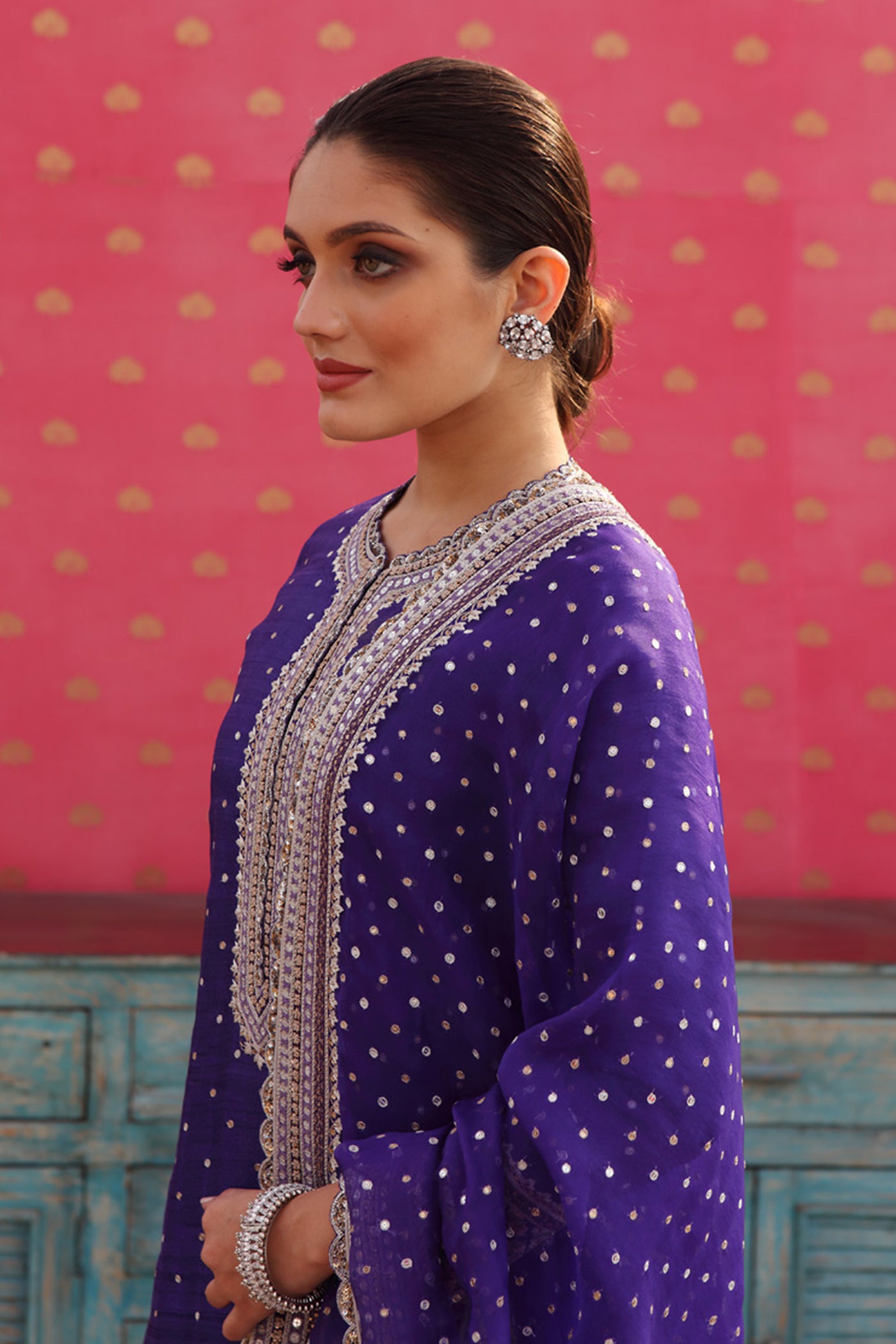 Hand-Embroidered Deep Purple-Blue Kurta-Churidaar Set