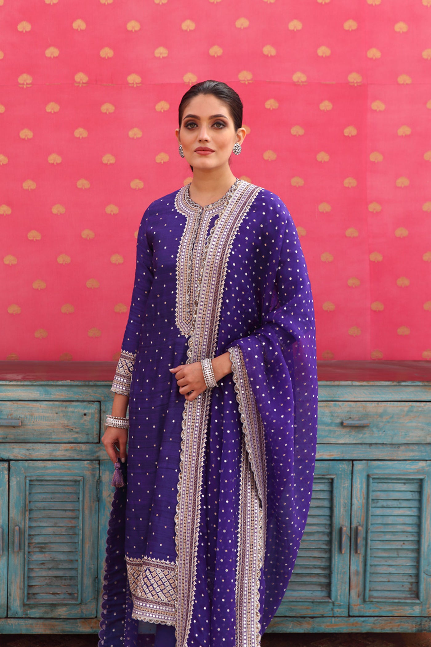 Hand-Embroidered Deep Purple-Blue Kurta-Churidaar Set