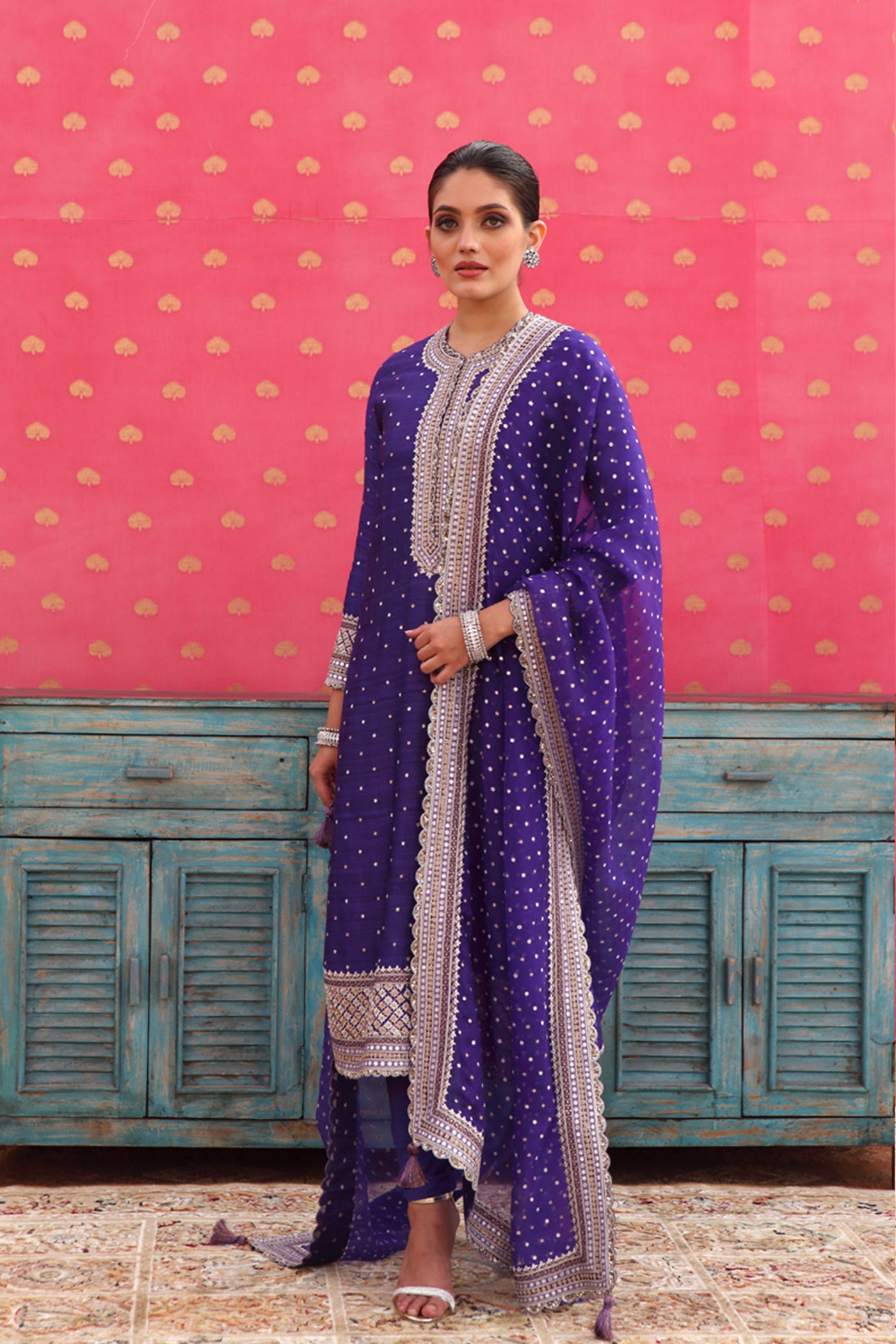 Hand-Embroidered Deep Purple-Blue Kurta-Churidaar Set