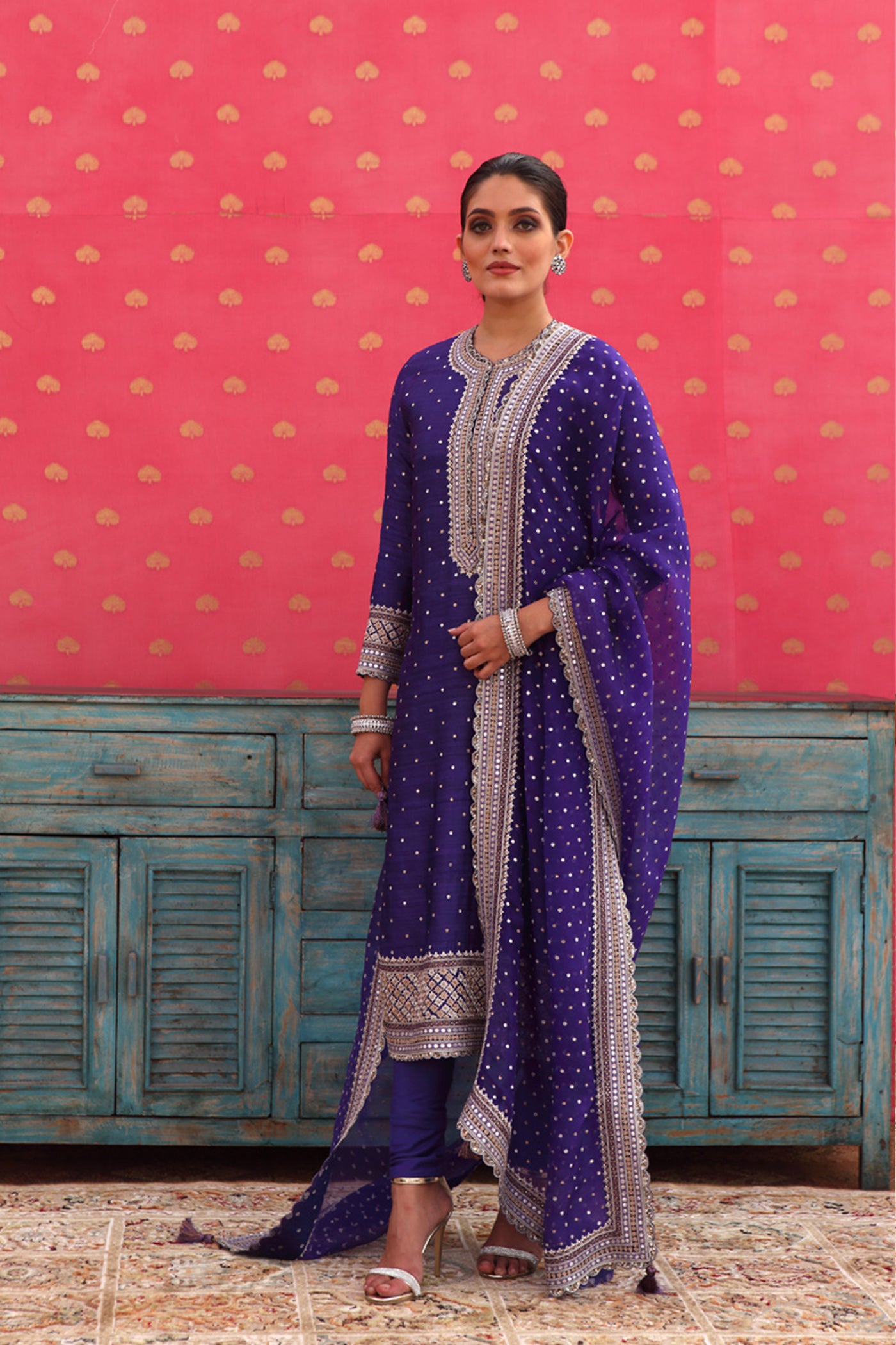 Hand-Embroidered Deep Purple-Blue Kurta-Churidaar Set