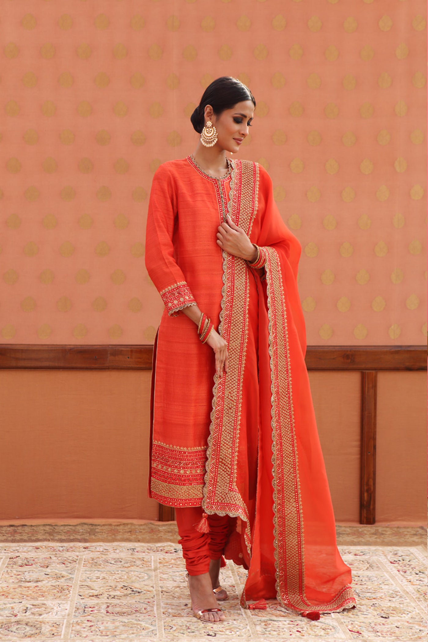 Hand-Embroidered Sinduri-Red Pure Tussar-Georgette Kurta-Churidaar Set