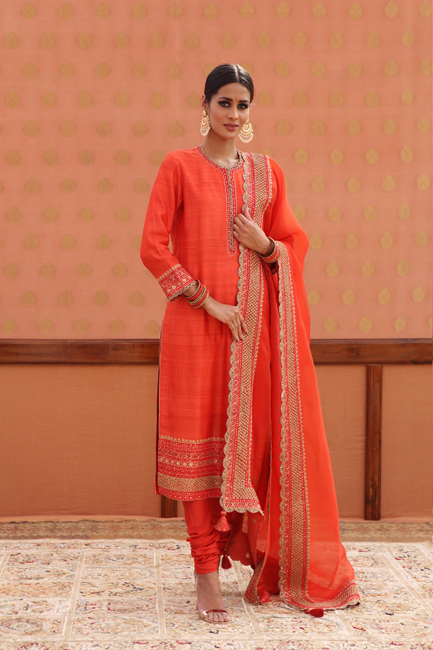 Hand-Embroidered Sinduri-Red Pure Tussar-Georgette Kurta-Churidaar Set