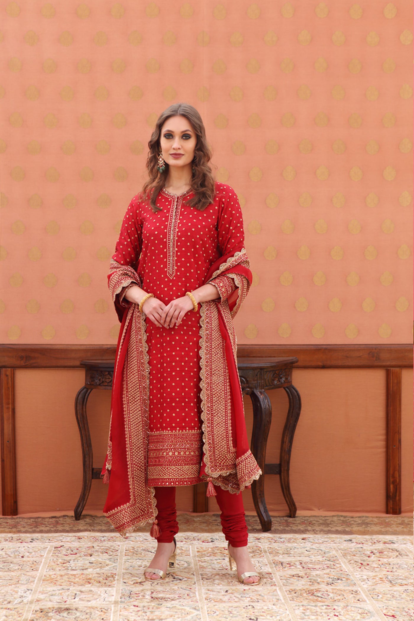 Hand-Embroidered Scarlet-Red Pure Tussar-Georgette Kurta-Churidaar Set