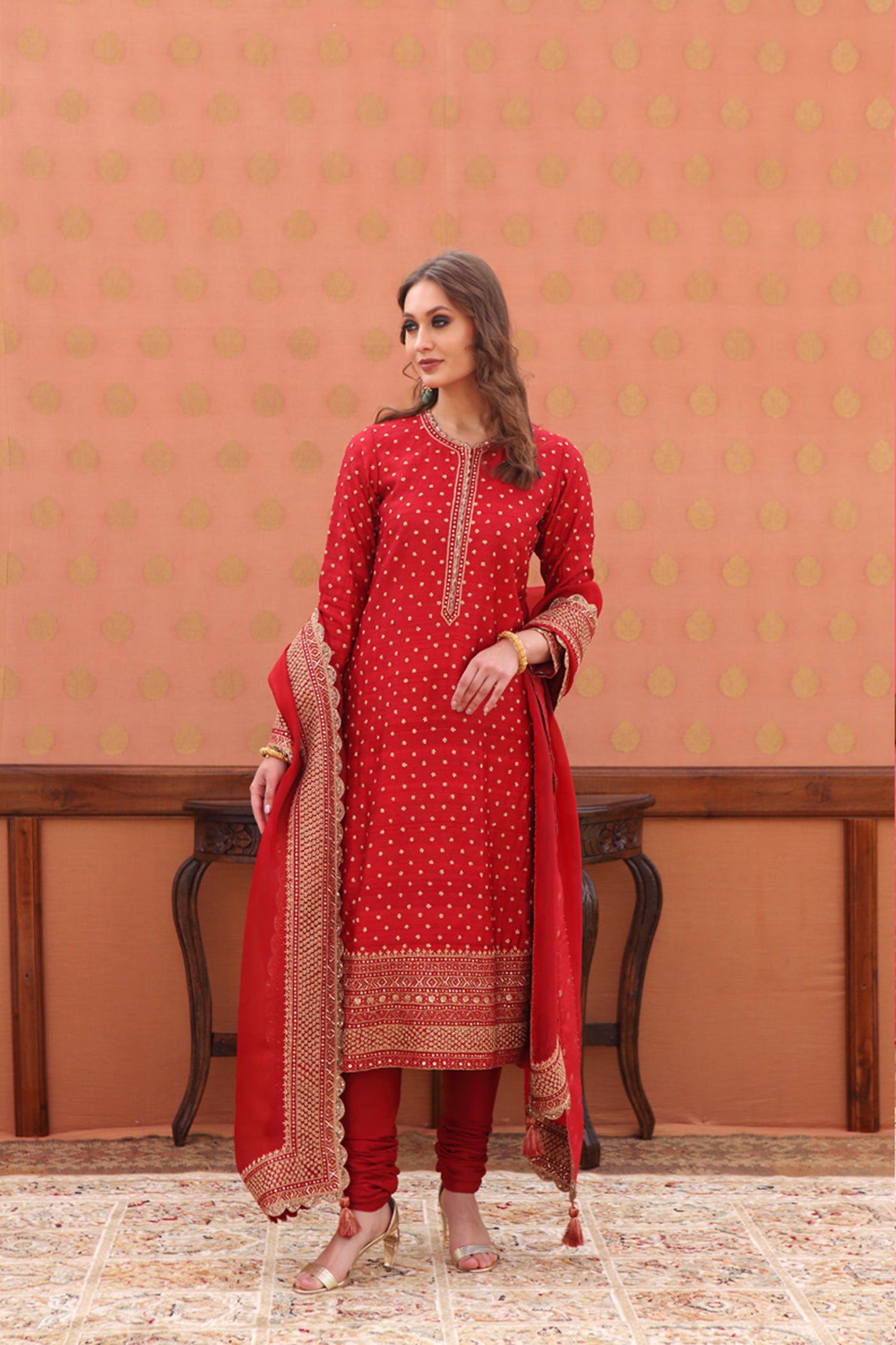 Hand-Embroidered Scarlet-Red Pure Tussar-Georgette Kurta-Churidaar Set