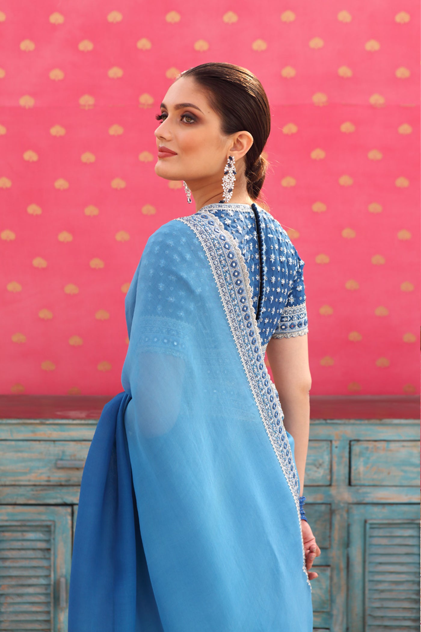 Hand-Embroidered Ombre Swedish-Blue Pure Silk-Organza Saree-Blouse Set