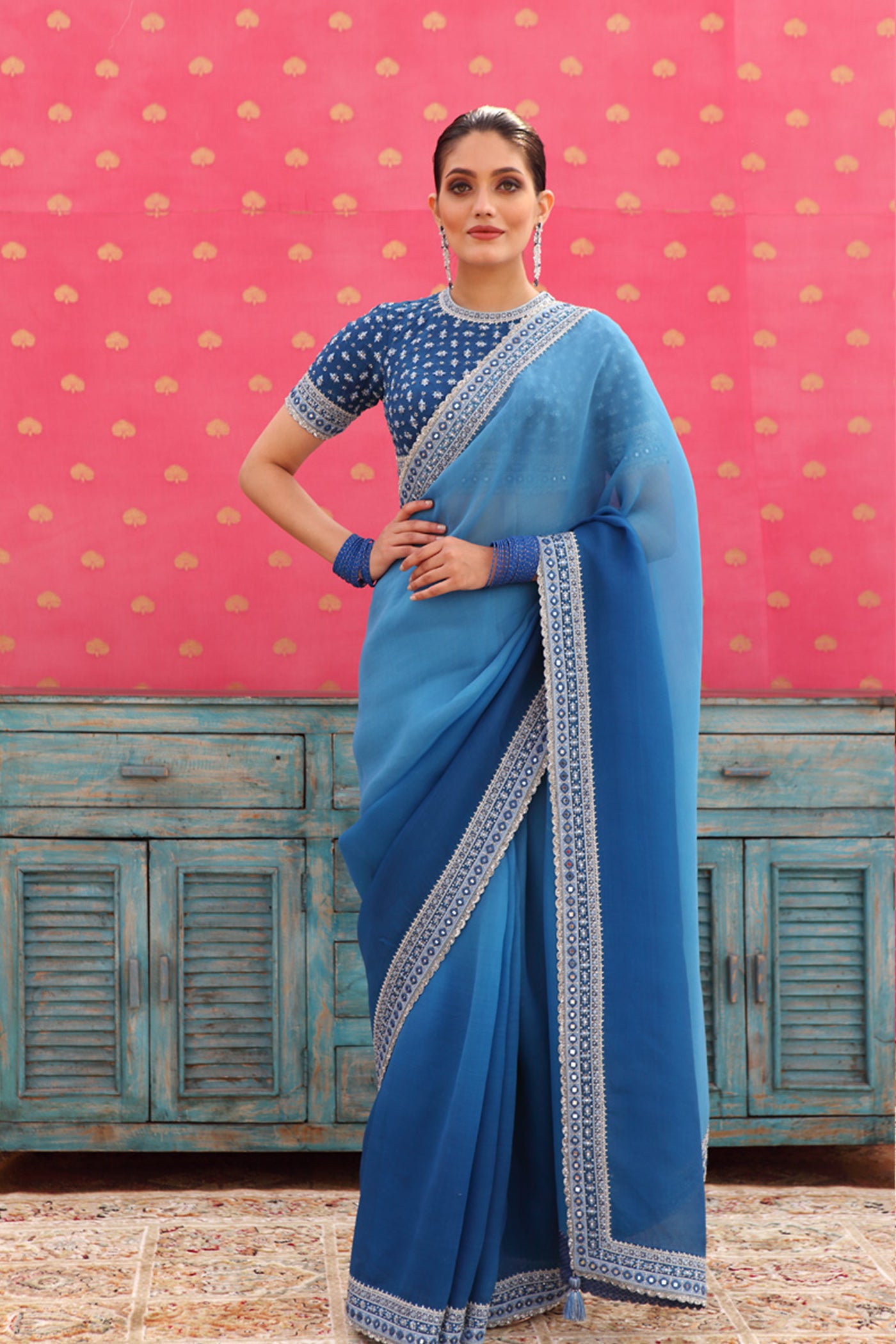 Hand-Embroidered Ombre Swedish-Blue Pure Silk-Organza Saree-Blouse Set