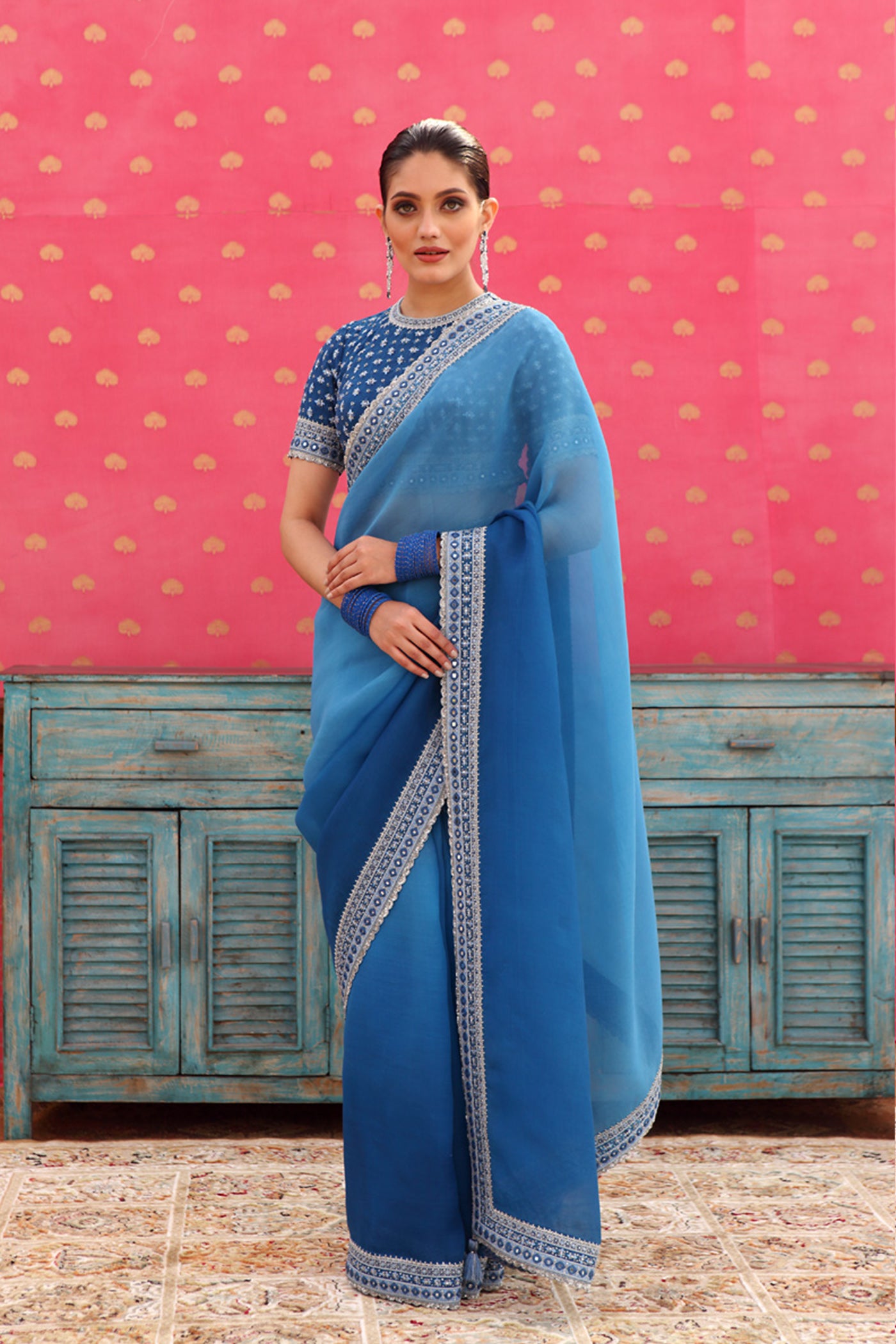 Hand-Embroidered Ombre Swedish-Blue Pure Silk-Organza Saree-Blouse Set